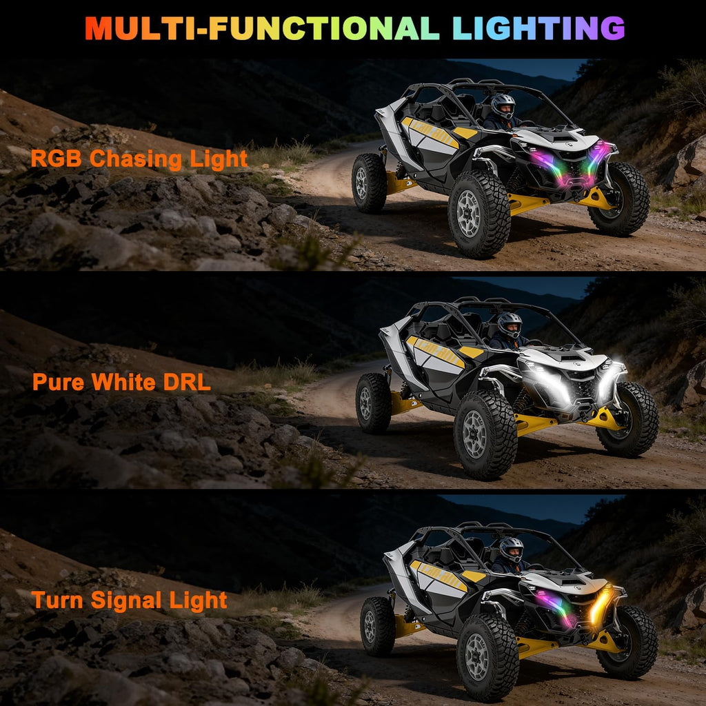 Tavaray RGBW LED Fang Lights for Can-Am Maverick R 2024-2026 MAX X RS, Pure White DRL & RGB Color Chasing Front Signature Lights, APP & Remote Control, Music Sync Turn Signal Kit
