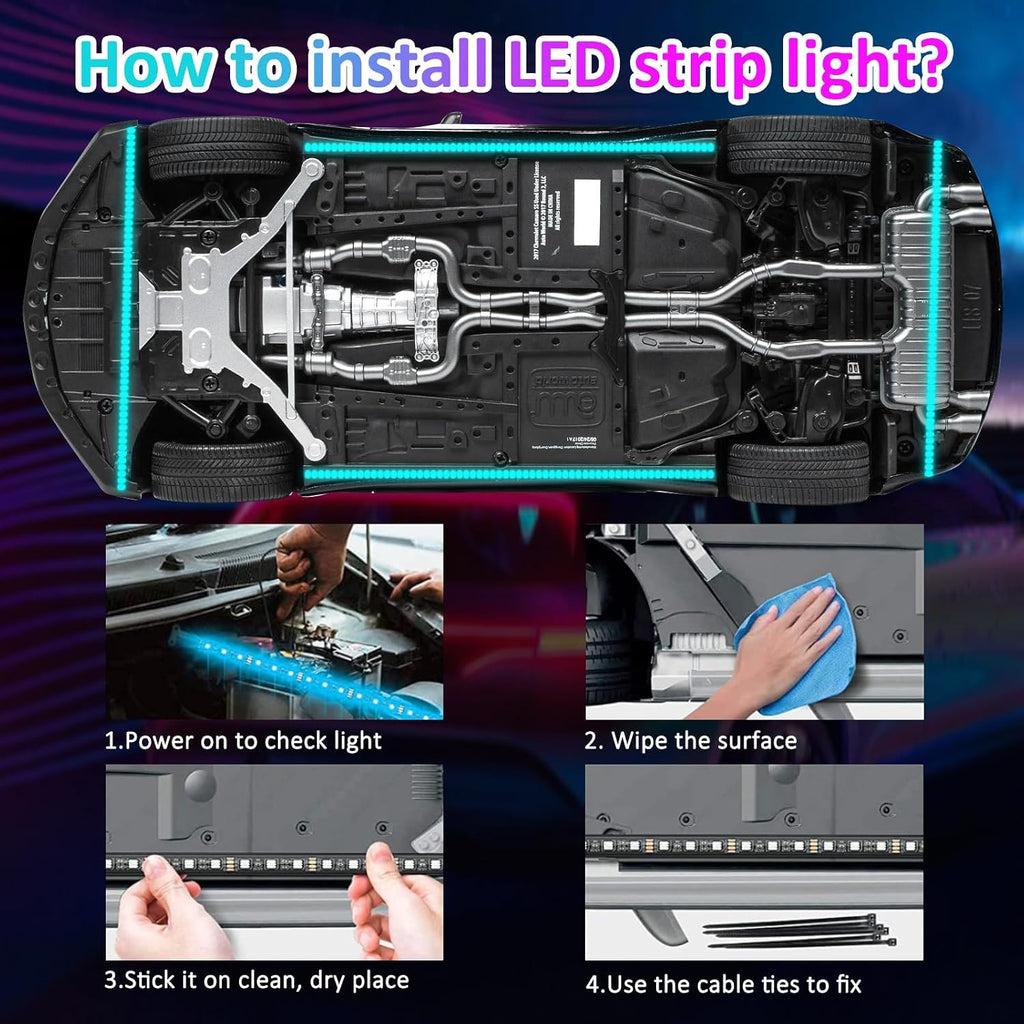 YUGUANG 4Pcs Underglow Kit for Car, APP Control Multicolor Car Underglow Light Kit Music Sync RGB Underbody Strips Light Waterproof for Cars Trucks SUVs
