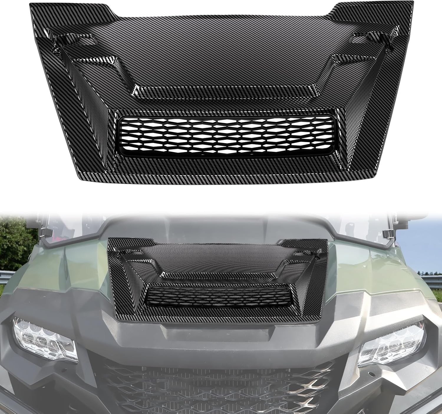 Sport Hood Scoop with Mesh for Honda Pioneer 700 2P 4P 14-25, PP Material Carbon Fiber Pattern Front Hood Cover with Sleek Mesh Ventilation Hood Scoop for Honda Pioneer 700-2 700-4 2014-2025