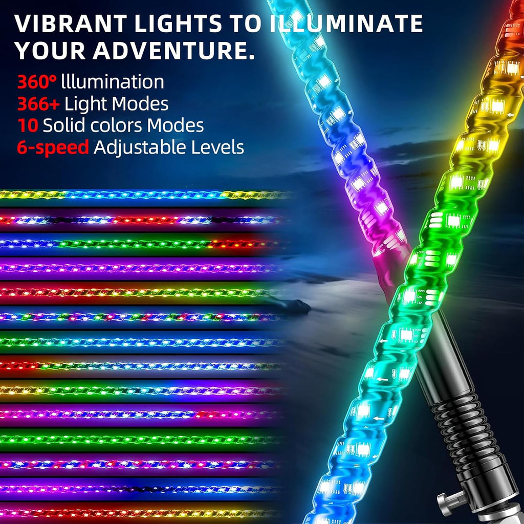 2pc 4ft Spiral RGB LED Whip Lights for UTV, LED Whips for SXS ATV Boat Offroad, RF Remote Control Compatible with Polaris RZR Can-Am Maverick X3 Sportsman Outlander