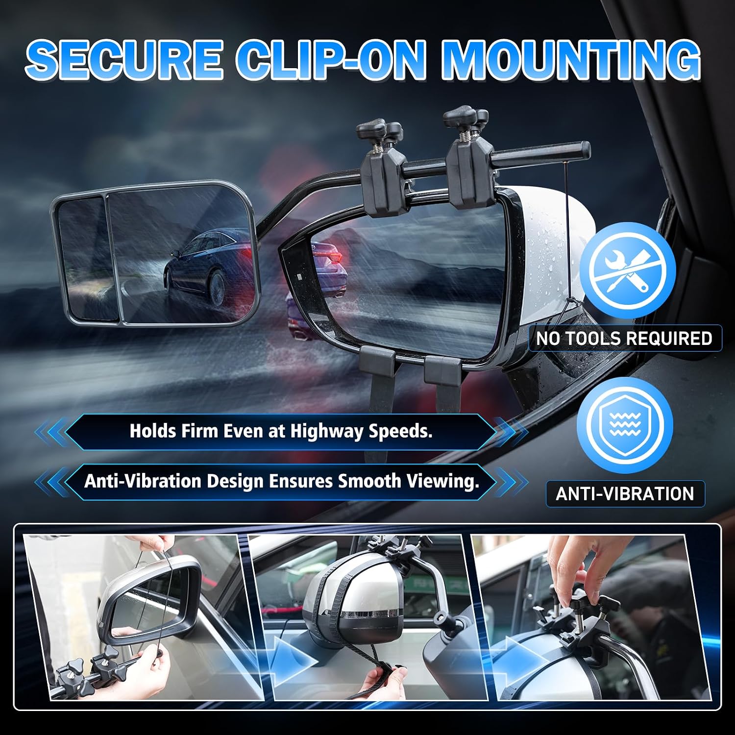 Clip-On Mirror Extenders for Towing, Shatterproof Dual View Convex Tow Mirrors, 360° Adjustable Universal Side Mirror Extensions for Truck, SUV, RV & Trailer, 2-Pack