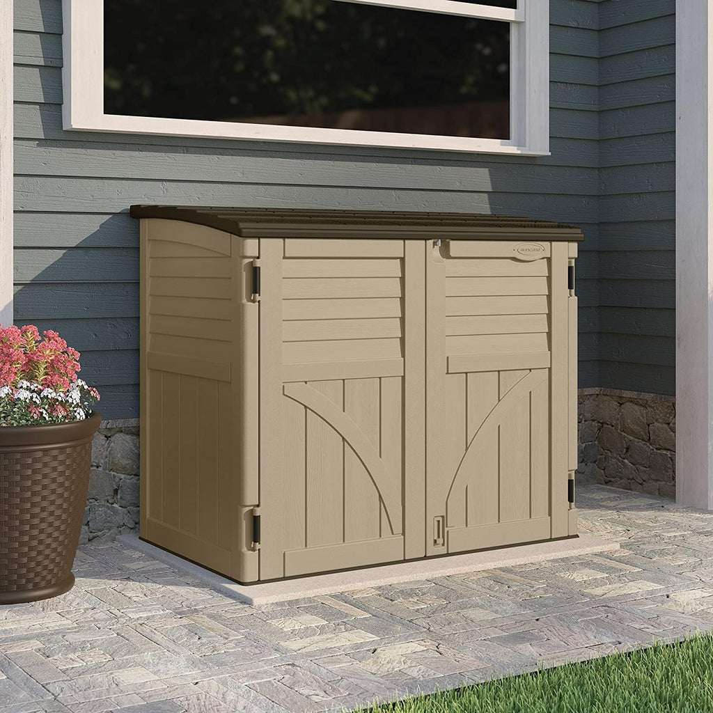 suncast horizontal shed, compact outdoor storage system, 34 shown in use