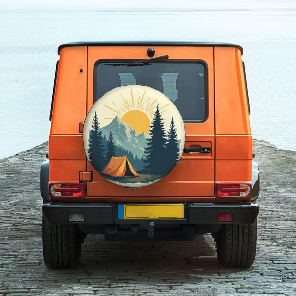 Mountain Camping Sunset Spare Tire Cover Universal Wheel Cover Waterproof Dust-Proof Tire Protector with Adjustable Buckle Strap for Trailer RV SUV All Vehicle 14 inch