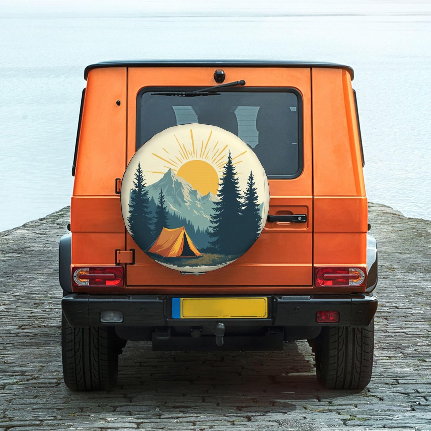 Mountain Camping Sunset Spare Tire Cover Universal Wheel Cover Waterproof Dust-Proof Tire Protector with Adjustable Buckle Strap for Trailer RV SUV All Vehicle 14 inch