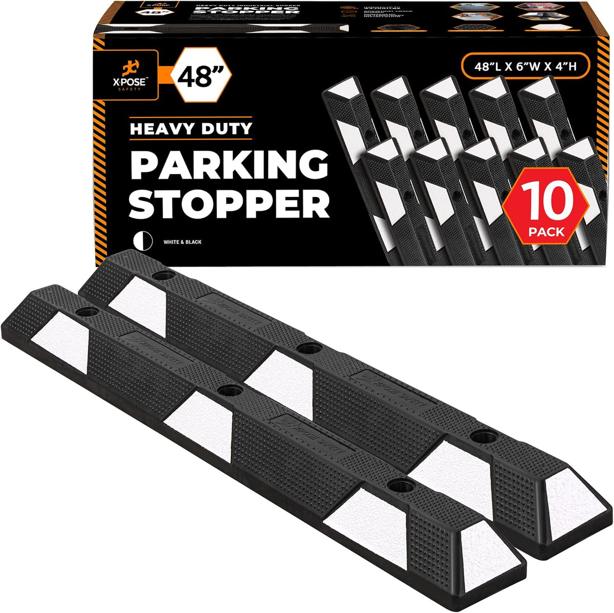 Xpose Safety 48" Heavy Duty Rubber Parking Stopper – 10 Pack Wheel Blocks