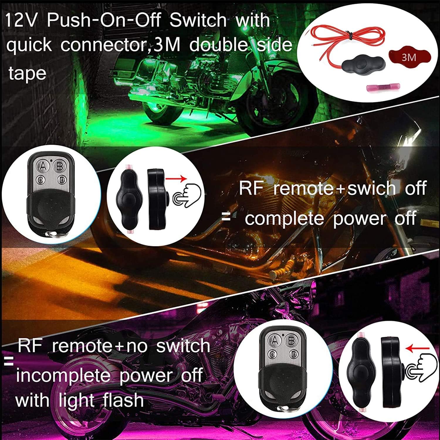 12Pcs Vehicle Motorcycle LED Light Kit Strips Multi-Color Accent Glow Lighting Neon Lights Lamp Flexible with Remote