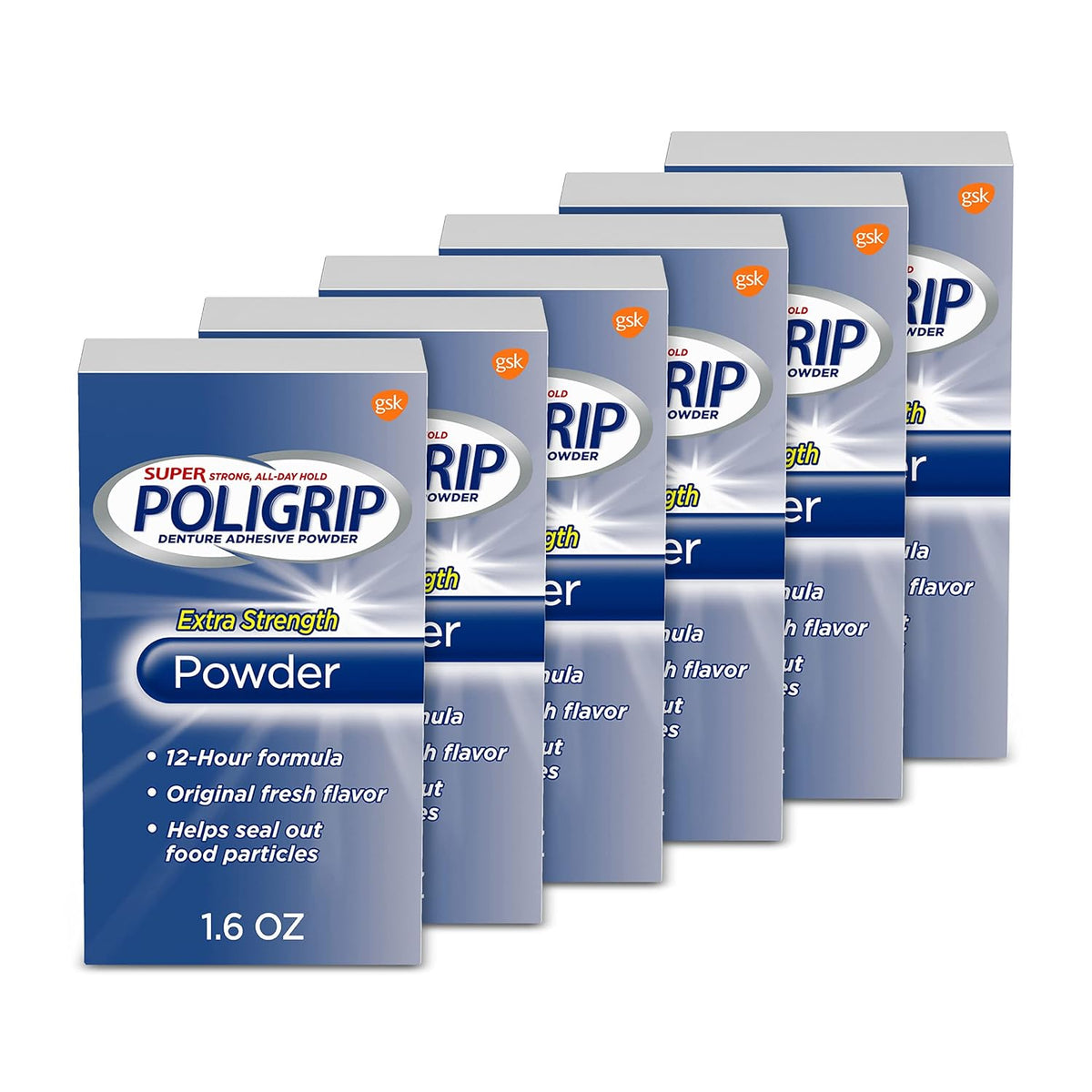 super poligrip denture adhesive powder, 1.6 ounces (pack, main product view