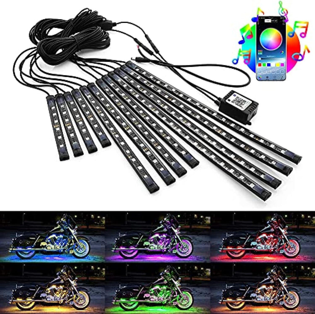 12pcs Motorcycle LED Underglow Kits,16 Million Colors A PP Control RGB Motorcycle LED Lights Sync to Music Waterproof DC12V.