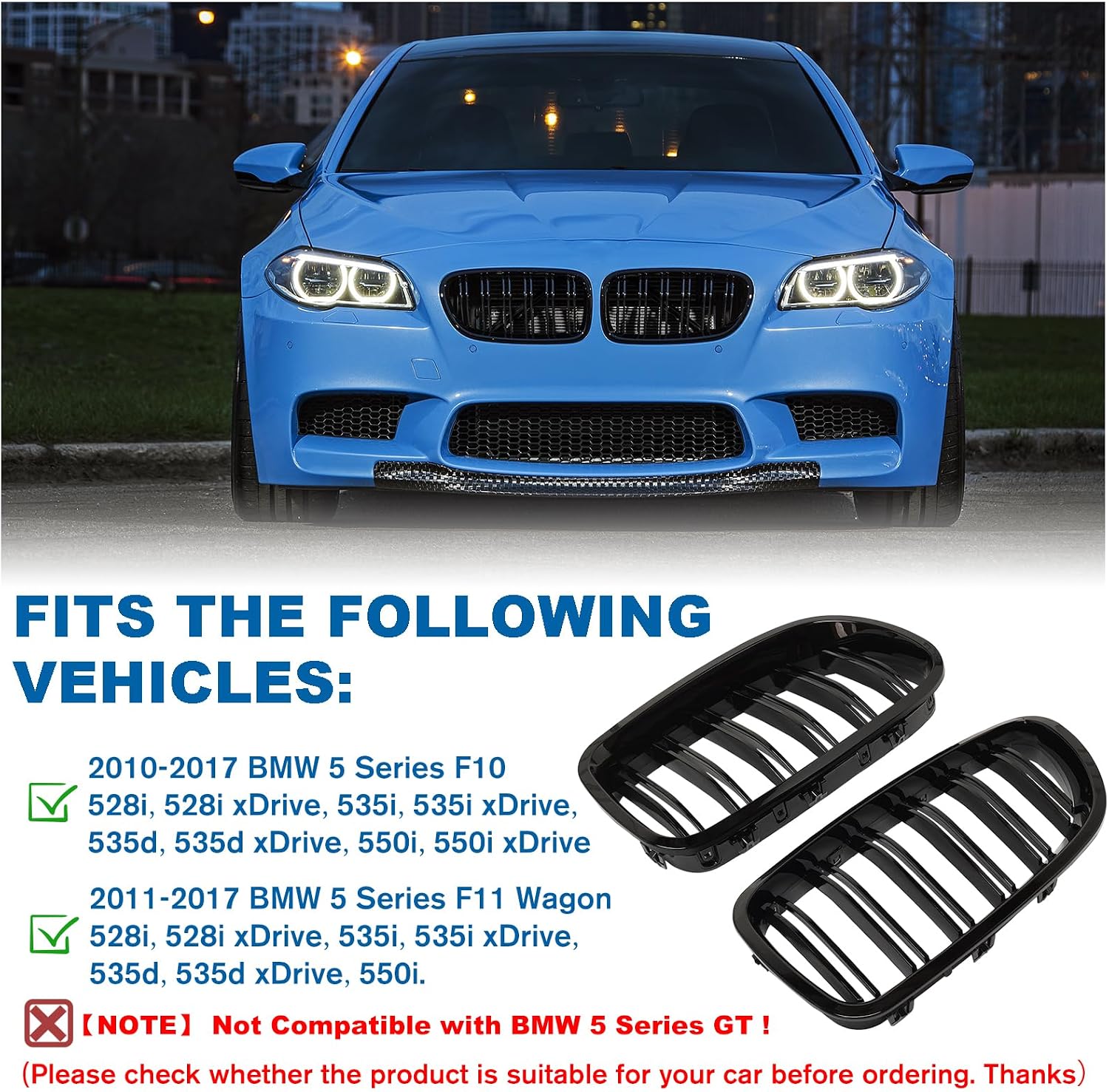 F10 Grille - Front Kidney Grille Double Slats Glossy Black Compatible with 2010-2017 BMW 5 Series F10 F11 F18 Sedan 520i 528i 535d 535i 550i 520i - ABS Gloss Black Kidney Grill