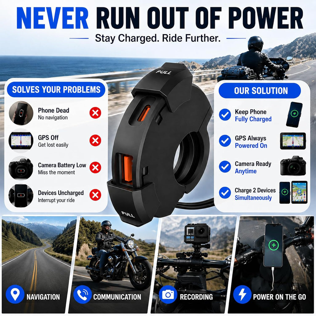 Upgraded 48W Motorcycle Phone Charger IP65 Waterproof Motorcycle USB Charger,Dual Port USB Type-C Handlebar Charger 3.0 Fast Charge Adapter,Sae to USB Quick Charging Socket for Phone/Tablet/GPS/Camera