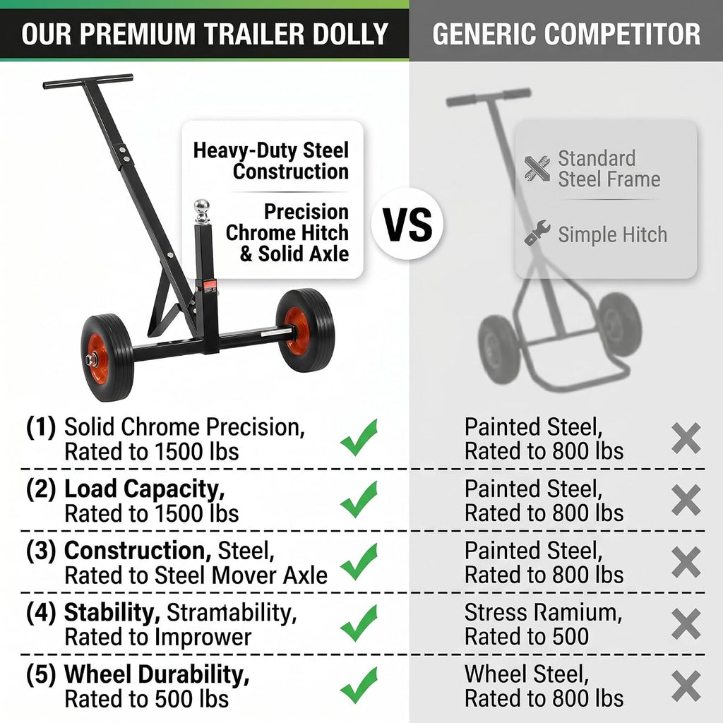 Trailer Dolly 600lbs Capacity, Carbon Steel Trailer Mover with 1-7/8 inch Hitch Ball and 10 inch Flat-Free Tires, Adjust