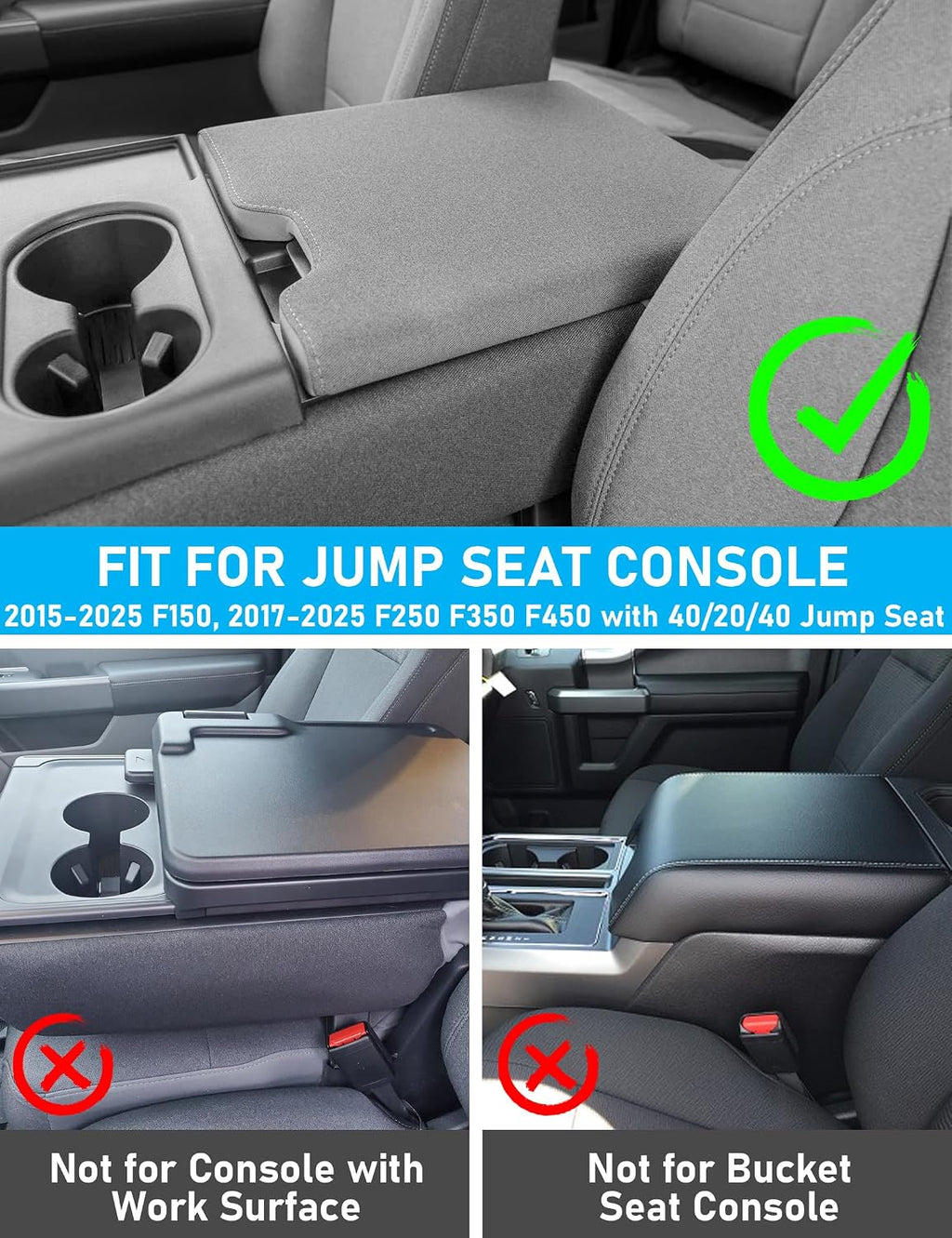 Sinvanho Center Console Armrest Cover for 2015-2025 Ford F150 F250 F350 F450 F550 with 40/20/40 Jump Seat, PU Leather Middle Console Cover Seat Box Lid Protective Cover Cushion Pad, Truck Accessories