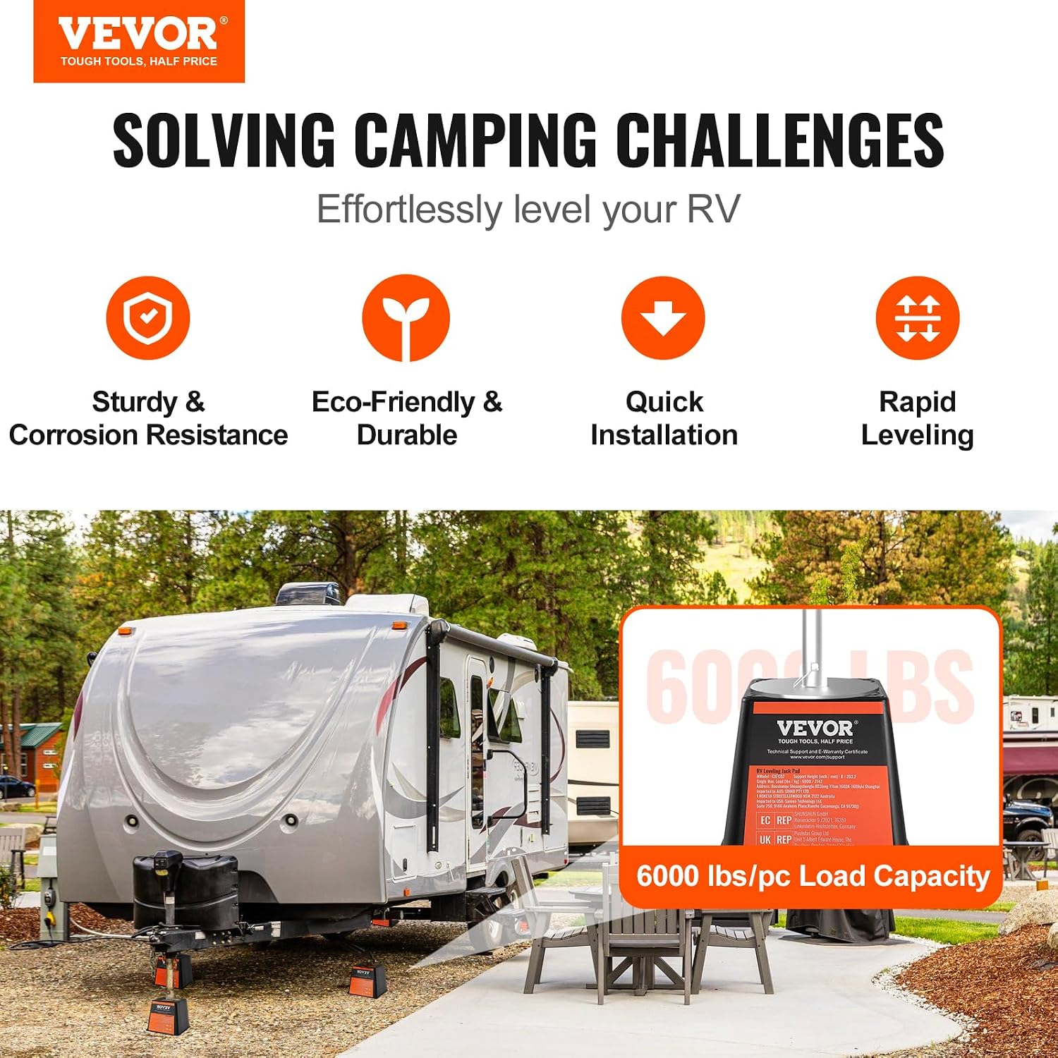 VEVOR Trailer Jack Block, 6000 lbs Capacity per RV Leveling Block, Polypropylene RV Camper Stabilizer Blocks, RV Travel Accessories Use for Any Tongue Jack, Post, Foot, 5th Wheels, 4-Pack