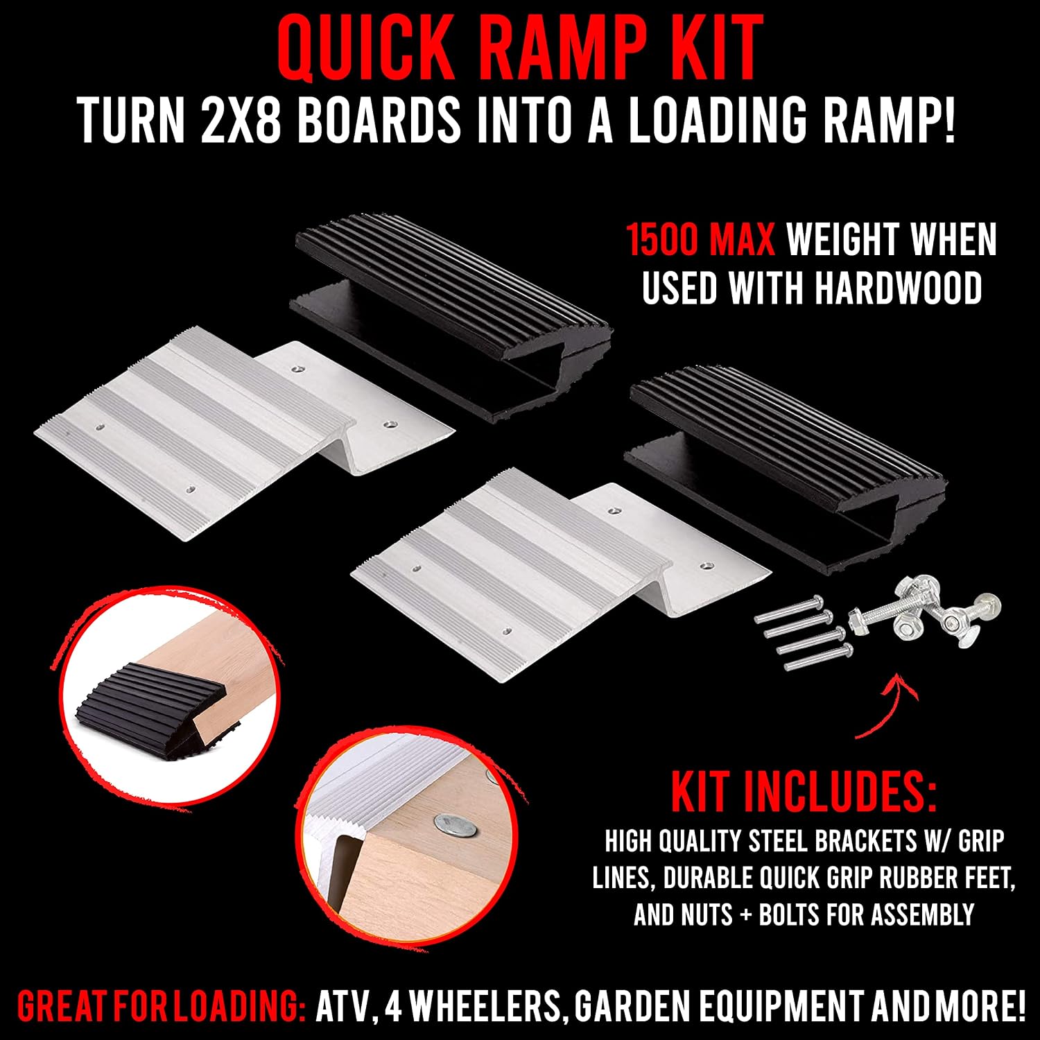 AFA Tooling Truck and Trailer Loading Ramp Kit | Quickly Create a Wide Ramp with 2 x 8 Lumber: Just Attach Aluminum Brackets and Rubber Feet | Load Your Lawn Mower, 4-Wheeler, ATV, and More with Ease