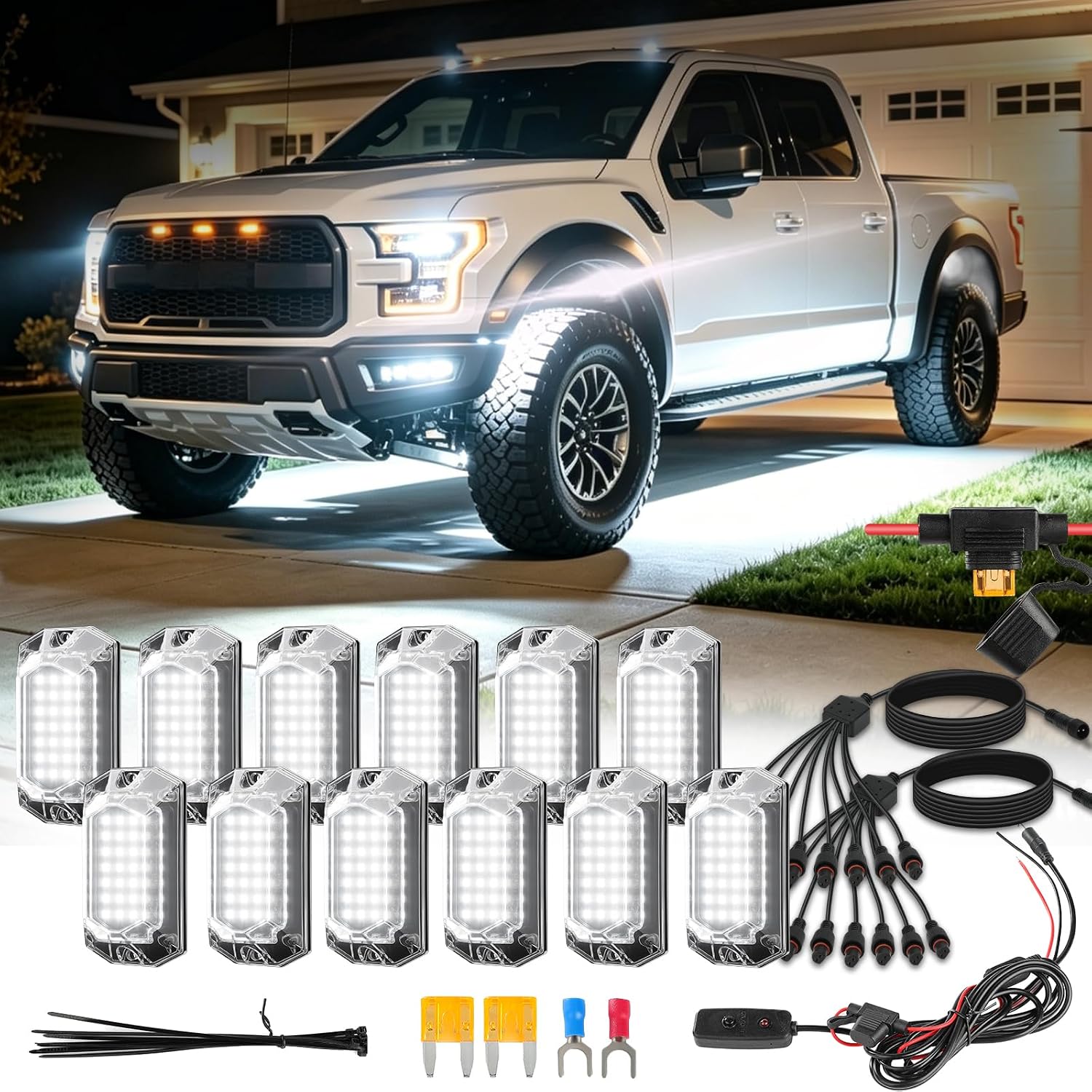 12 Pods Full Angle Pure White LED Rock Lights with Switch Harness Extension Wires, 6500K Super Bright Waterproof White Underglow Kit for ATV UTV SUV Trucks Jeeps Golf Cart Offroad Pickup