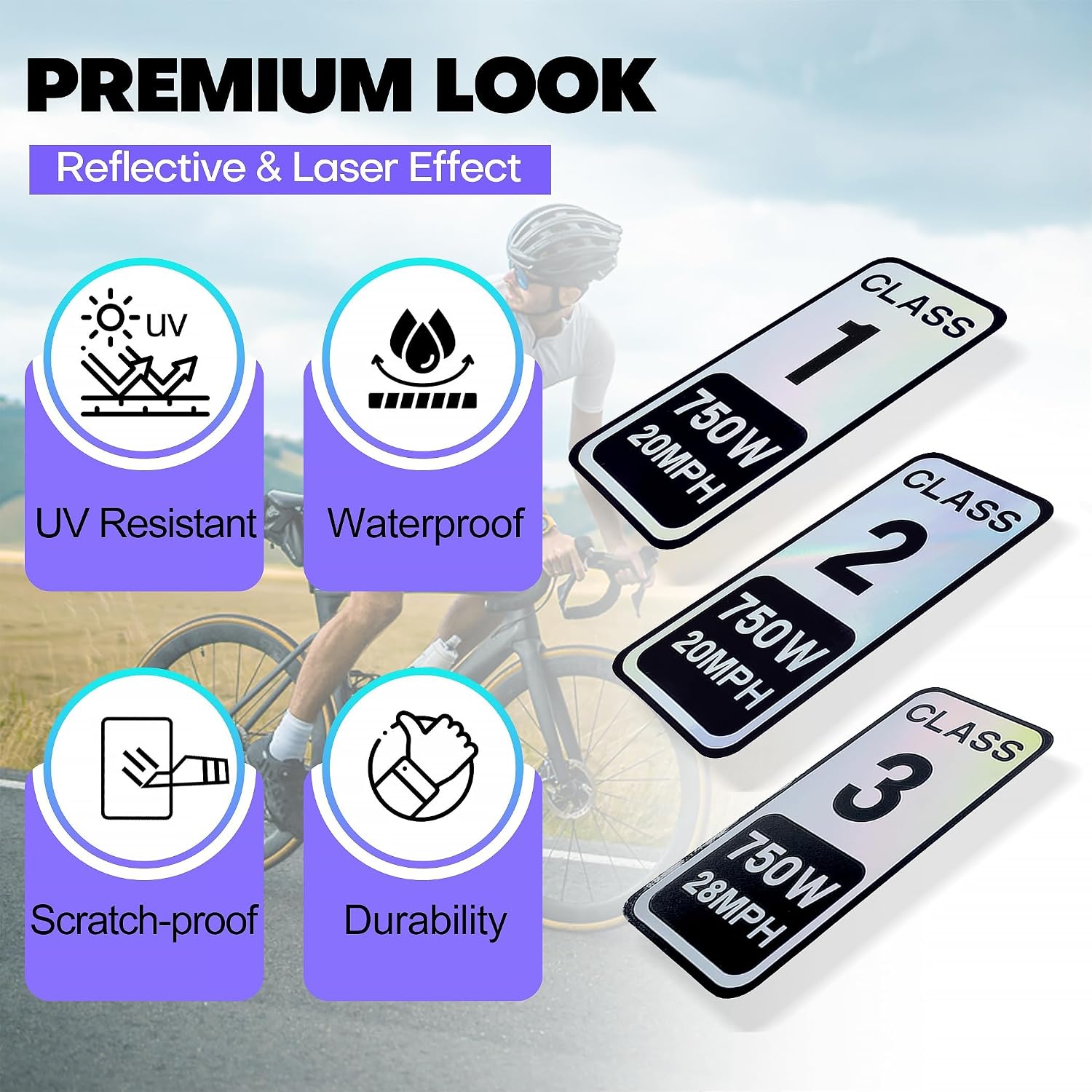 4 PCS Class 2 Ebike Sticker 750W 20MPH - Colorful Reflective Vinyl Decal for Electric Bicycle Classification (2.5 x 1.2 Inch)