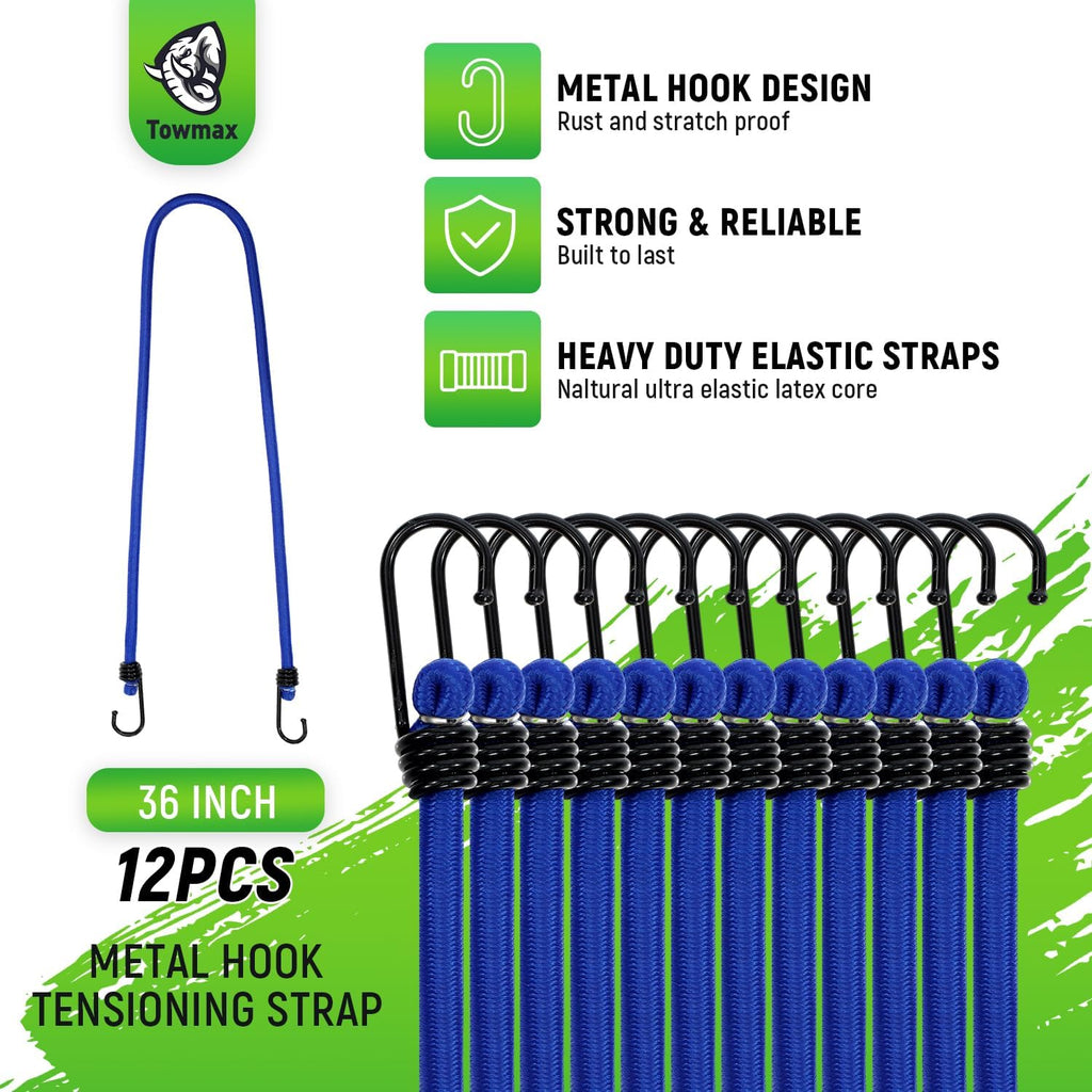 Bungee Cord with Hooks, 36" Bungee Cord Heavy Duty Outdoor, Industrial Grade Bungie Cord for Camping, Kayaking or Fastening Items 12 Pcs (Blue)