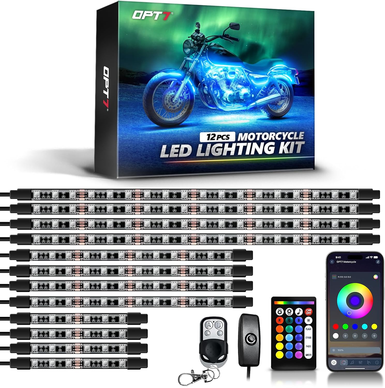 OPT7 12pcs Motorcycle LED Strip Lights for Harley Honda Yamaha Kawasaki | App & Keychain Remote Control, Neon Accent Cruiser Underglow, Sound Sync, Turn Signal & Brake Light, 12V Multicolor Decor