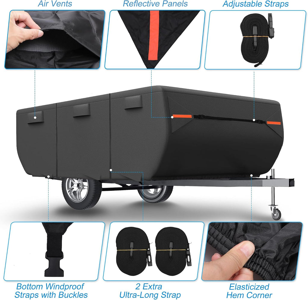 uxcell Waterproof Camper Trailer Cover for 12'-14' RVs | Anti-UV All-Weather Protection with 5 Reinforced Straps & Ventilation Vents Black