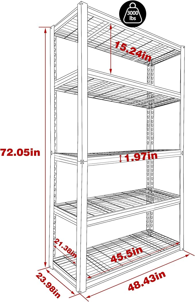 MUPATER 48.43" W x 23.98" D x 72.05" H Metal Storage Shelves, 5 Tier Shelves - Image 2