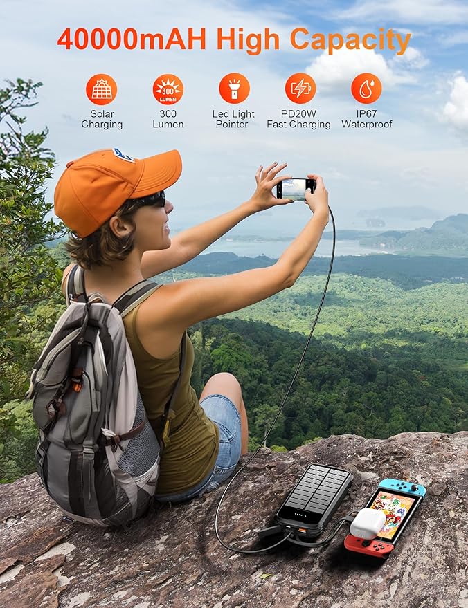 Solar Charger Power Bank, 40000mAh Portable Phone Charger Built in 4 Cables