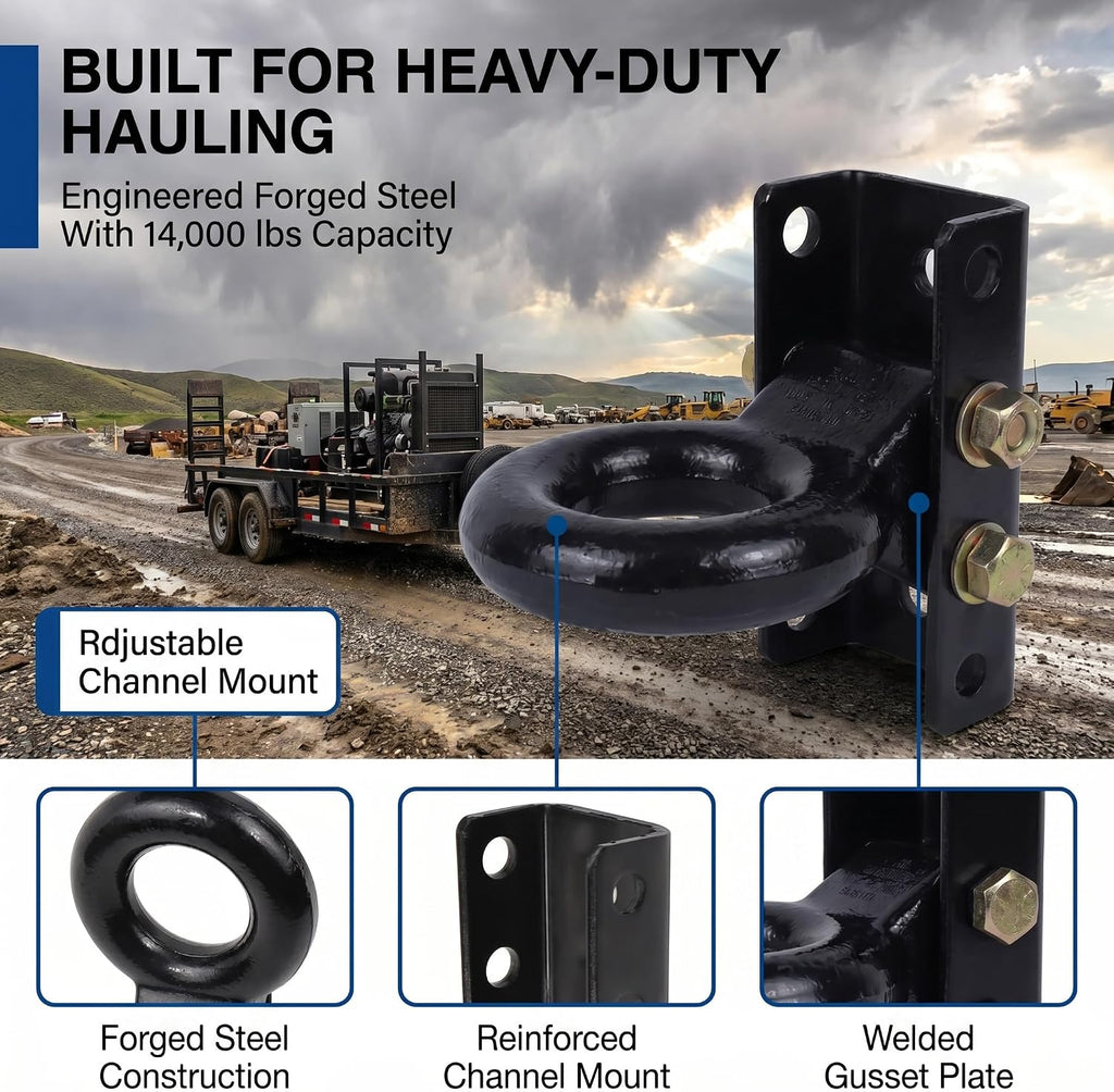 3 Inch Adjustable Lunette Ring for 14000 lbs Pintle Hitch Trailer Towing | Forged steel tri-level channel mount coupler eye; replaces flatbed utility parts; fits agricultural construction hauling
