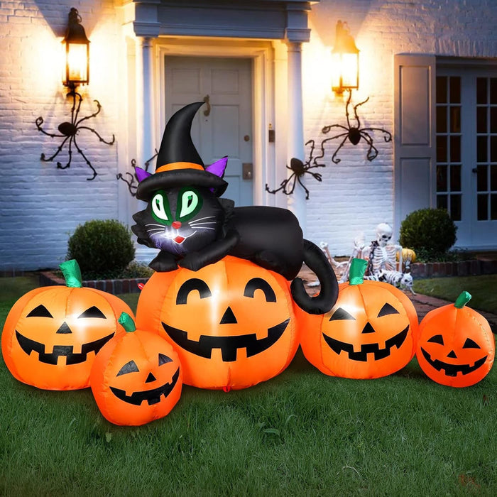 5FT Halloween Inflatable Pumpkin Outdoor Decoration, Lighted Blow Up Yard Decor, 5PCS Pumpkins with Witch’s Black Cat Built-in LED Lights for Balcony Home Holiday Party Lawn Patio Outside Events Prop