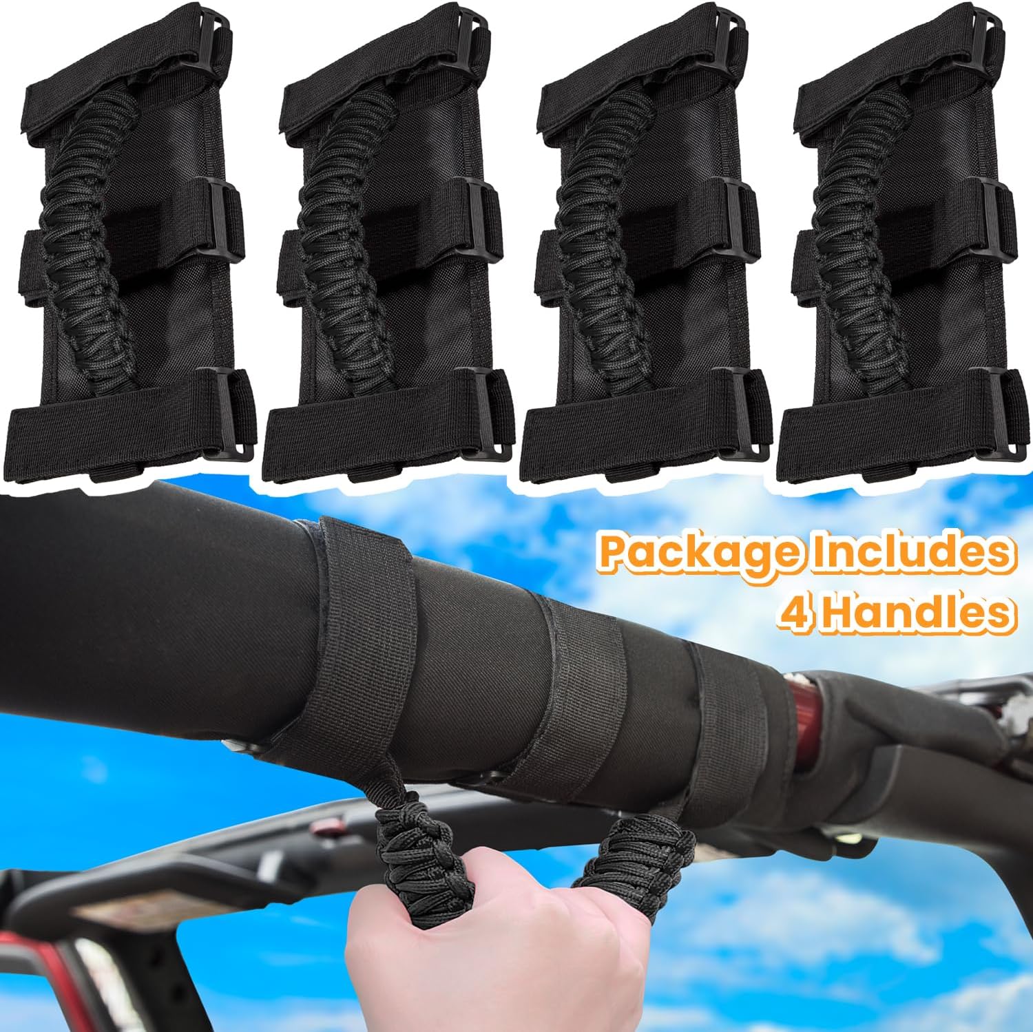 4 x Roll Bar Grab Handles Grip Handle for Jeep Wrangler JK JKU JL JLU TJ YJ Sports Sahara Freedom Rubicon Unlimited Gladiator JT 1955-2023 UTV ATV Premium 550 Paracord Interior Accessories (Black)