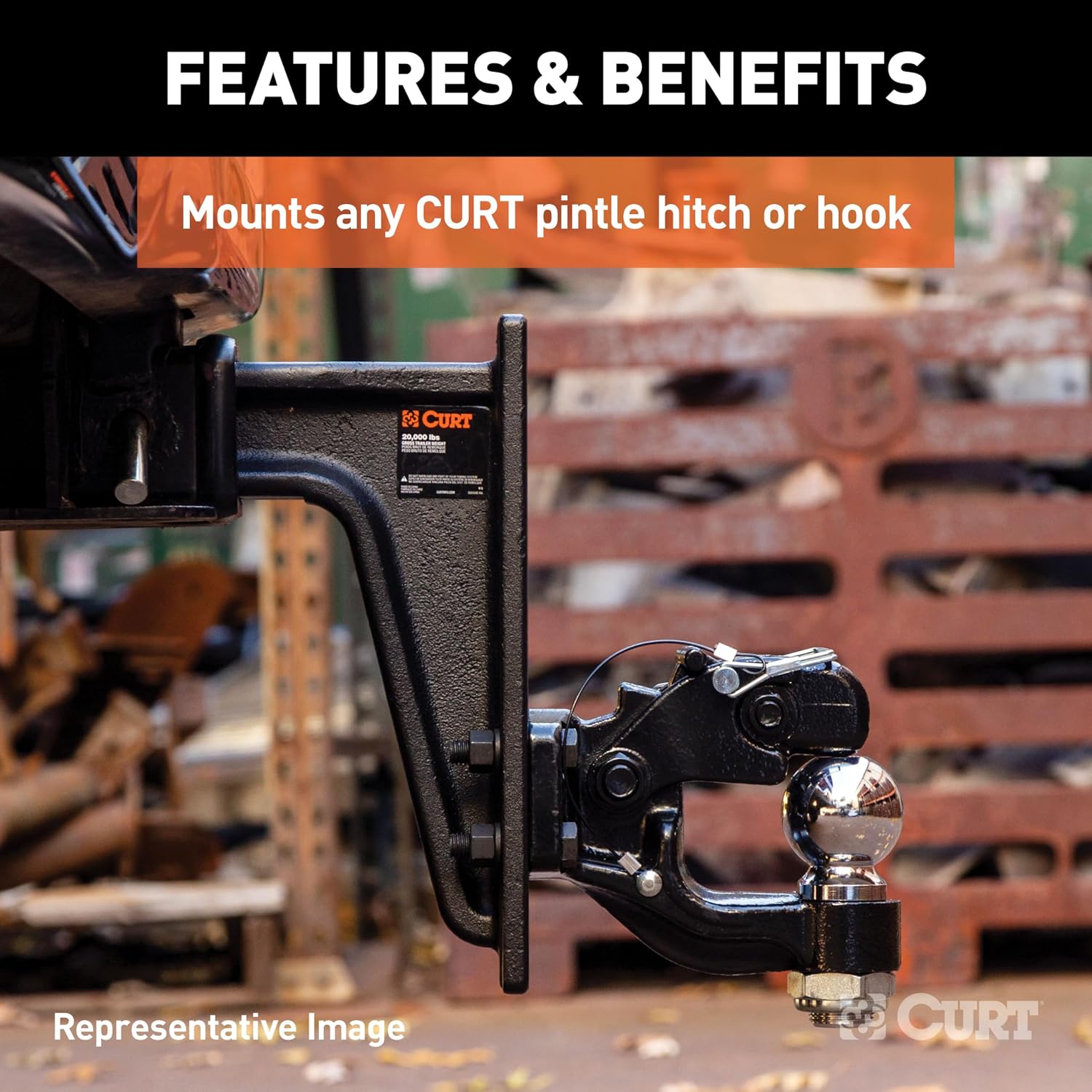 CURT 48348 Adjustable Pintle Mount for 2-1/2-Inch Hitch Receiver, 20,000 lbs., 7-1/4-Inch Height, 10-3/4-Inch Length