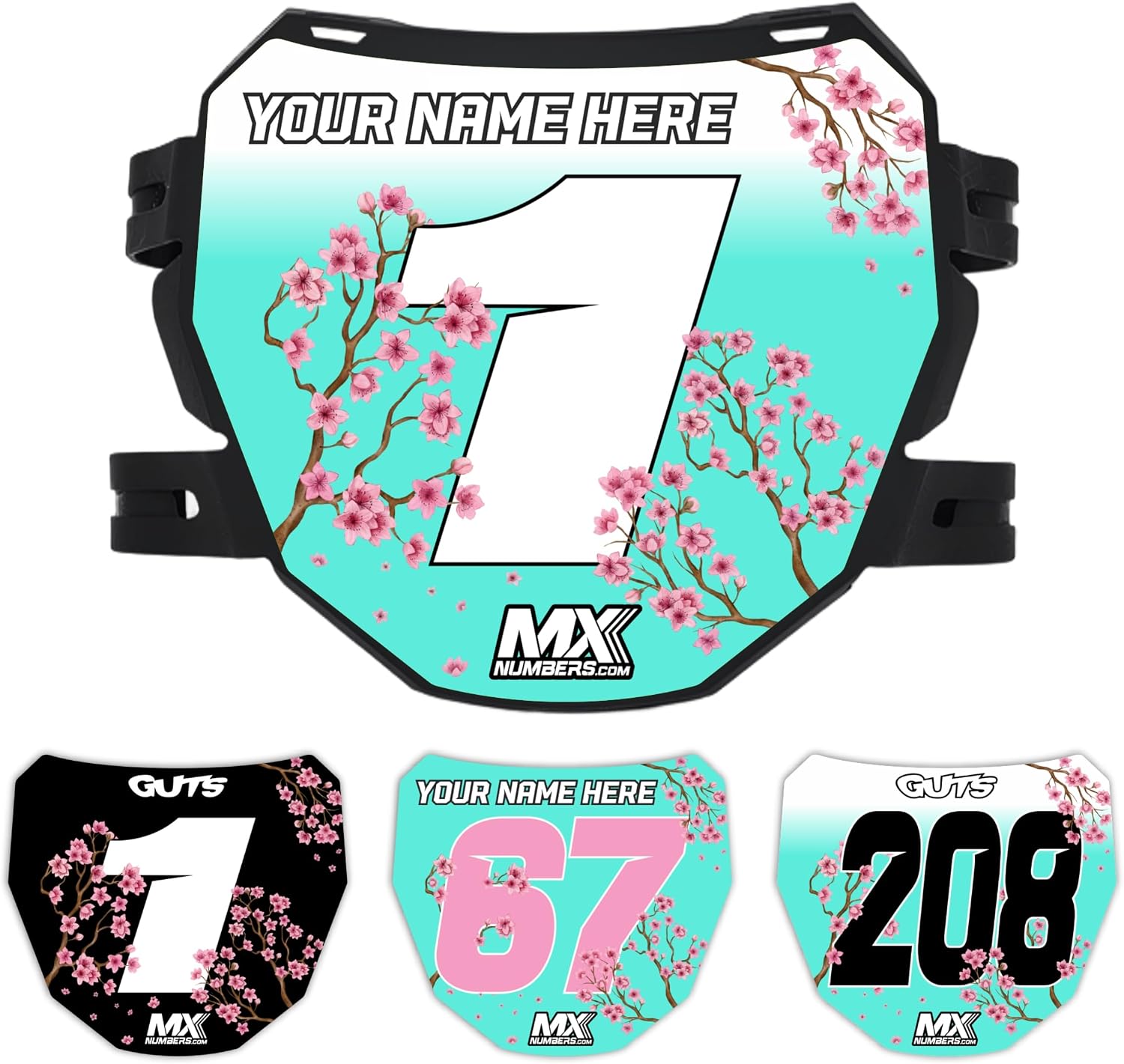 MxNumbers- Custom ODI Downhill Plate Decal, Personalized Name Number and Colors, Race Graphics for Mountain and Electric Bikes, Uncanned Energy Design Series (Sakura Cherry Blossom)