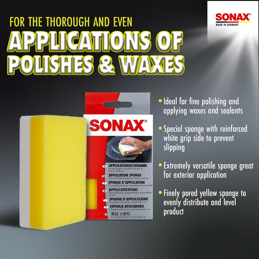 SONAX Application Sponge 417300 | Dual-Sided Detailing Applicator for Wax, Sealant, Polish & Tire Gel | Durable Foam with Ergonomic Grip | Ideal for Paint, Trim, Rubber & Plastics | 4” x 5”