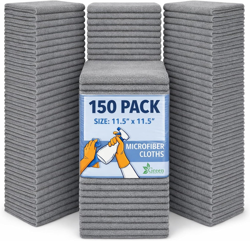 GREEN LIFESTYLE Microfiber Cleaning Cloth 11.5" x 11.5" 150 Pack - Edgeless Microfiber Towels for Cars, Cleaning Rags, Lint Free Car Microfiber Towel, Reusable Cleaning Cloths for House, Garage (Grey)