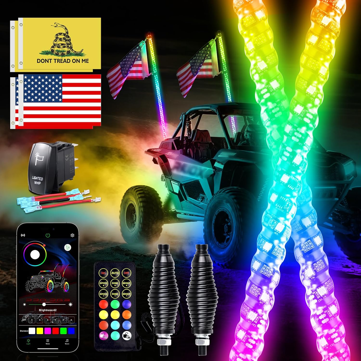 2PCS 3FT LED Whip Lights for UTV/ATV, APP & Remote Control, Chasing Color Modes, Waterproof Off-Road Light for Can-Am, Polaris RZR, Dune Buggies, Spring Base Included