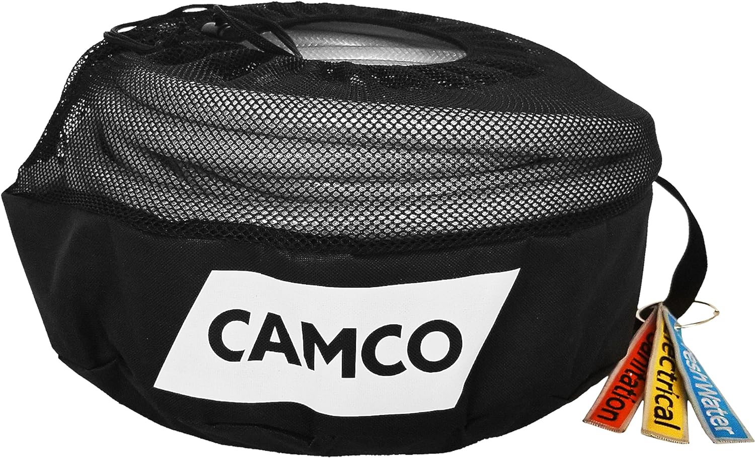 Camco Camper & RV Equipment Storage Bag - Features Lined Interior w/Breathable Mesh Top & Barrel Lock Clasp - Includes 3 ID Tags for RV Storage and Organization - 16” in Diameter x 10” Deep (53097)