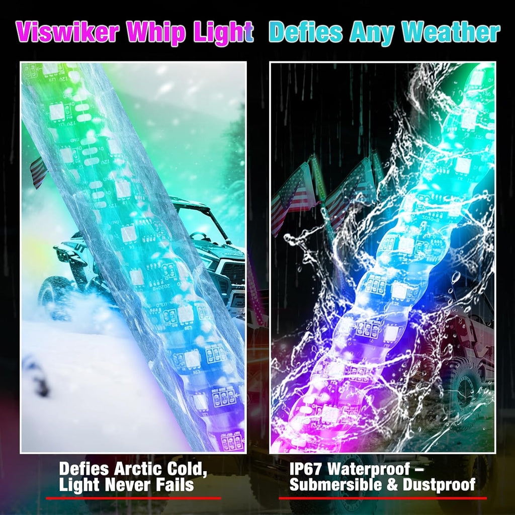 2PCS 3FT LED Whip Lights for UTV/ATV, APP & Remote Control, Chasing Color Modes, Waterproof Off-Road Light for Can-Am, Polaris RZR, Dune Buggies, Spring Base Included