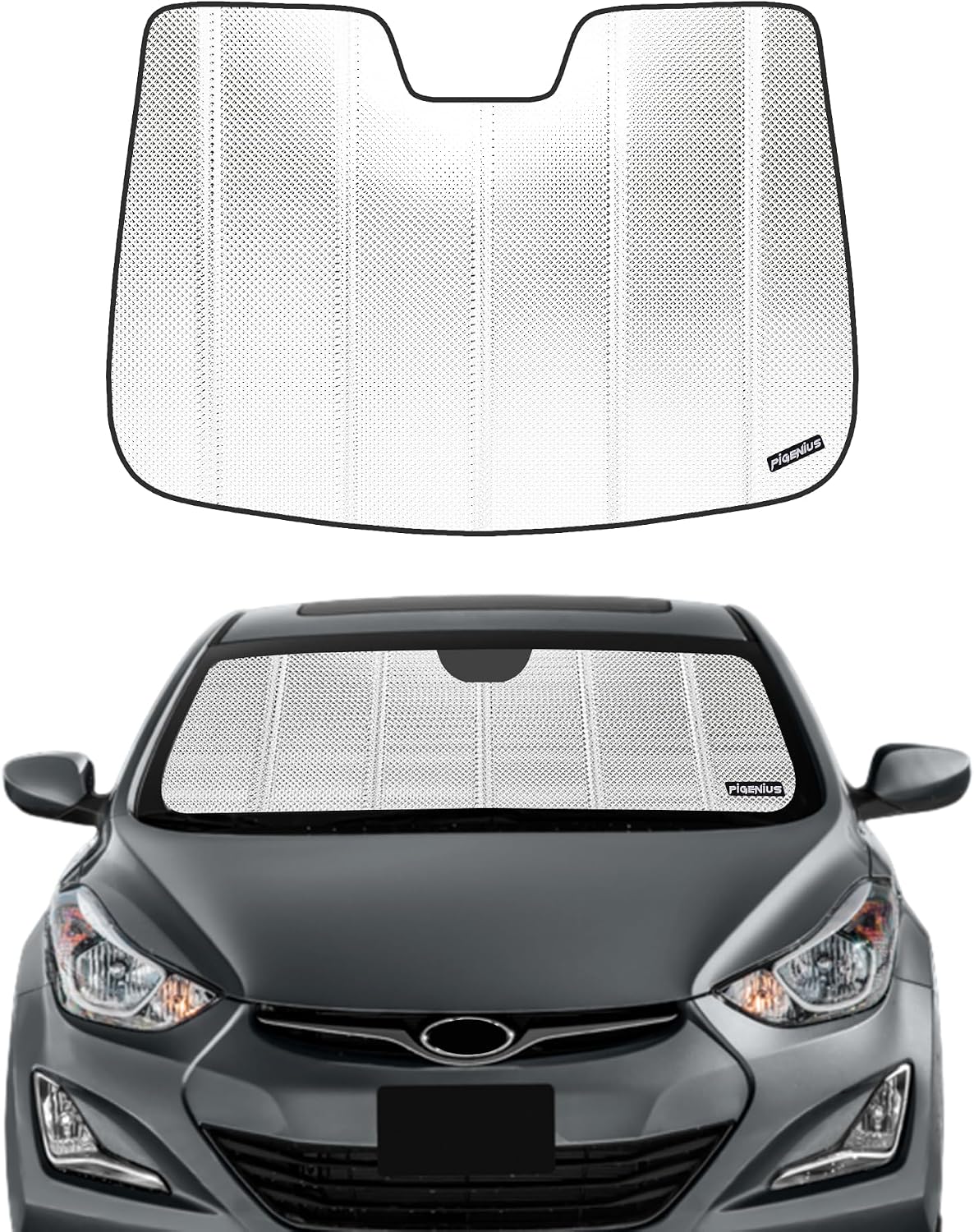 Pigenius Windshield Sun Shade for Hyundai Elantra Sedan 2011-2016, Elantra Coupe 2013-2014. Reflective Aluminum Film Front Window Sunshade - BLAZBLOCK