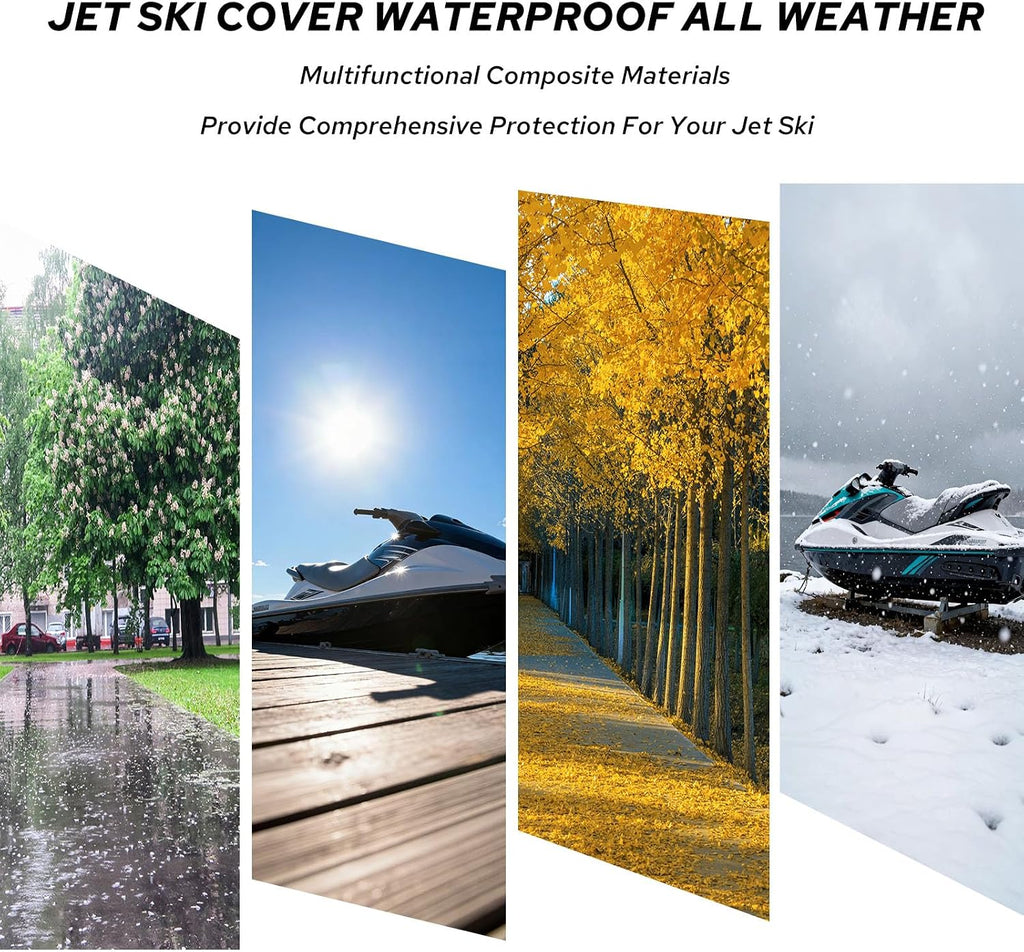 Waterproof Jet Ski Cover 2-3 Seater - Compatible with Yamaha Sea-Doo Kawasaki, 300D Trailerable PWC Cover Marine Grade UV Protection, Fit for 2-3 Seater Lengths 115'' to 120"（Blue）