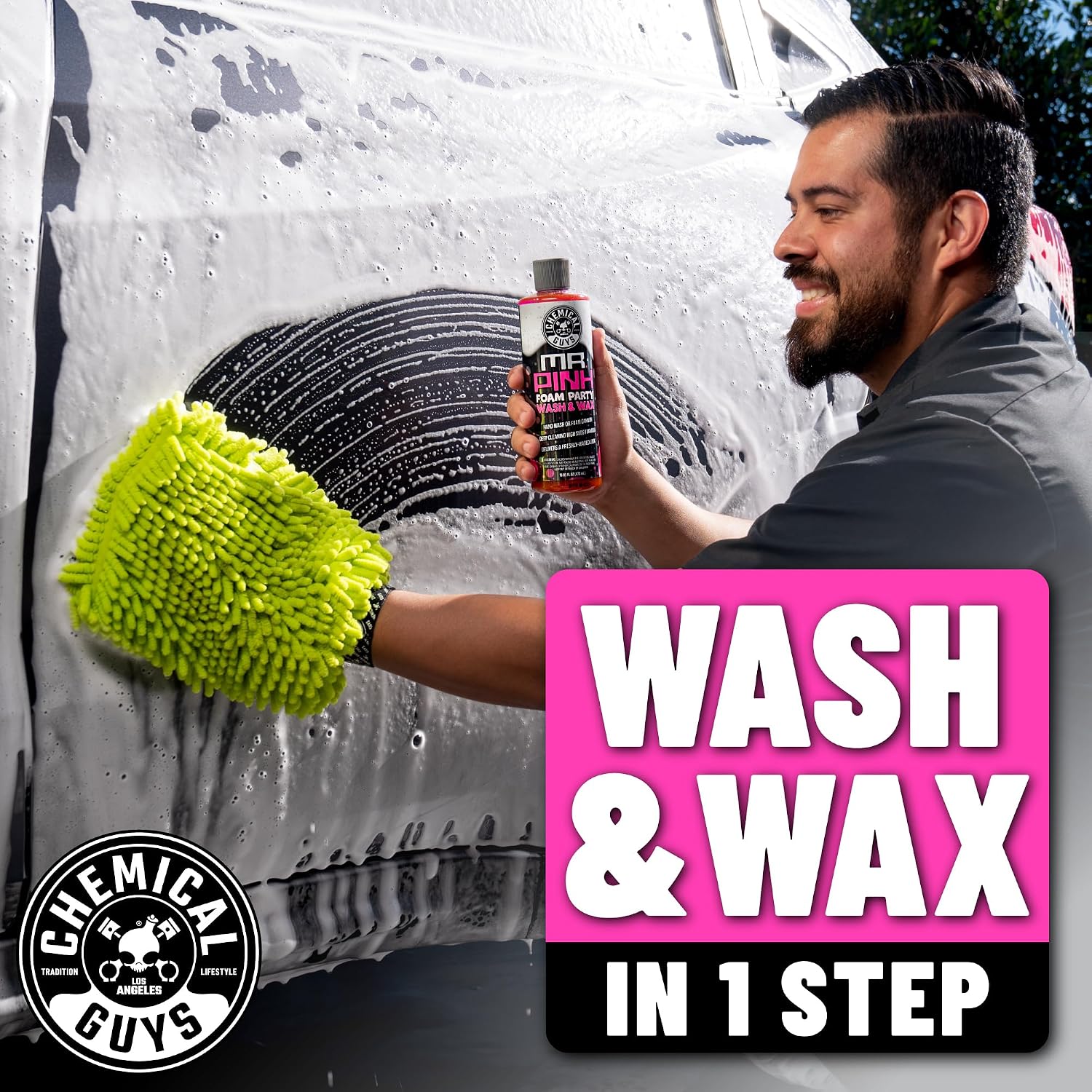 Chemical Guys Mr. Pink Foam Party Wash & Wax - 64 oz Tangerine Scent High Foaming Car Wash Soap for Foam Cannons and Buckets – Safe on Paint, Clear Coat, Cars, Trucks, SUVs, and RVs