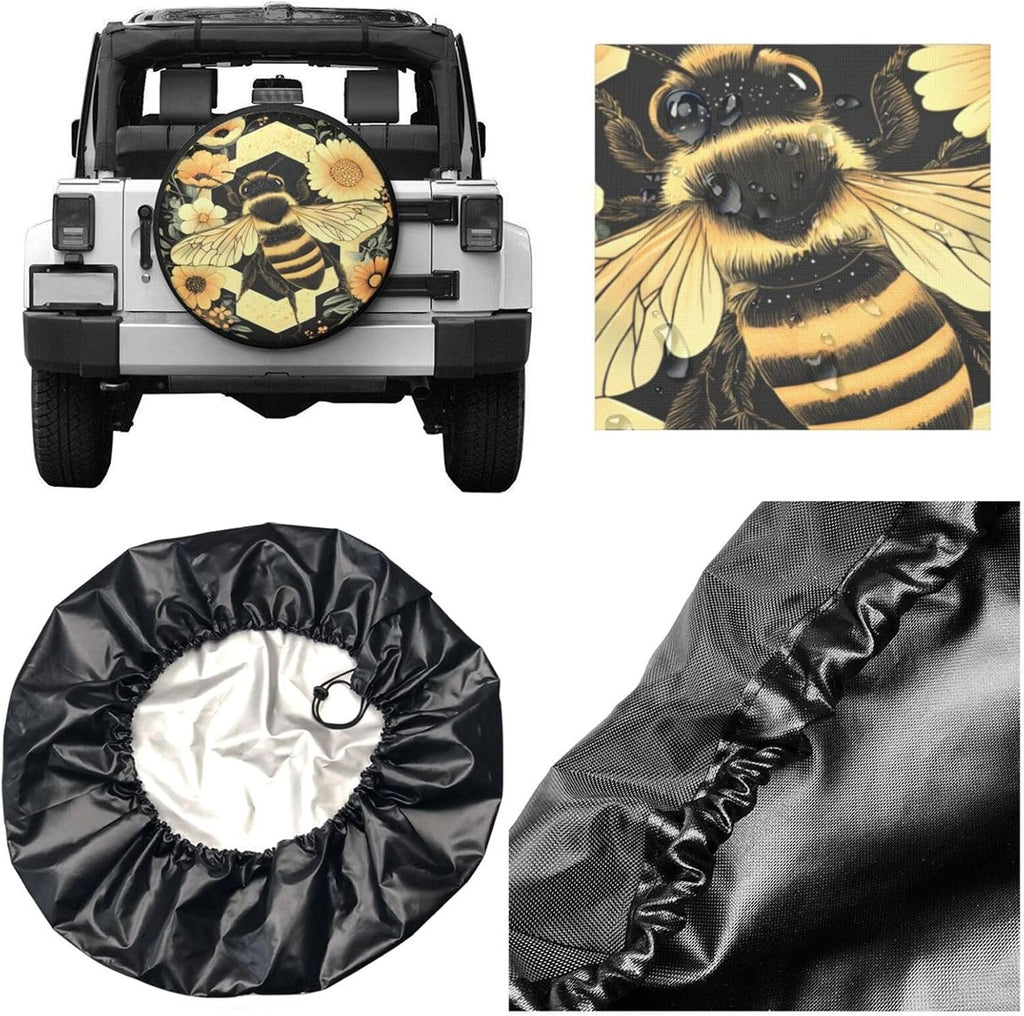 Tire Cover Waterproof for Jeep Trailer SUV Truck Rv – Honey Bee Flowers Hexagons 15 Inch Universal Spare Wheel Covers for Sun Rain Snow Uv Protection, Dust-Proof Tire Protectors