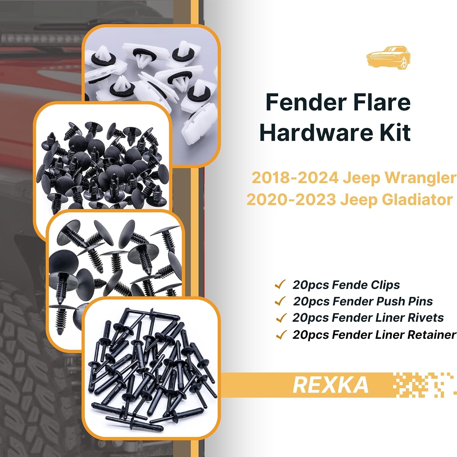 Rexka 60pcs Fender Flare Hardware Kits for Jeep Wrangler JL 2018-2024 Jeep Gladiator 2020-2023 JT Ram 1500 68526185AA 6506007AA 6506293AA 6505411AA Jeep Fender Clips