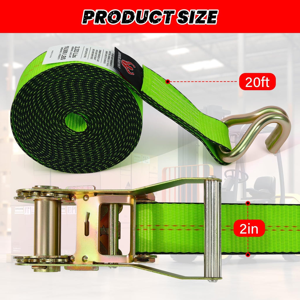 4 Pack 20ft Ratchet Straps Heavy Duty, 10,000 LBS Break Strength, 2" x 20' Heavy Duty Cargo Straps with Double J Hooks, Cargo Tie Down Straps Perfect for Truck, Trailers, Moving Appliances (Green)