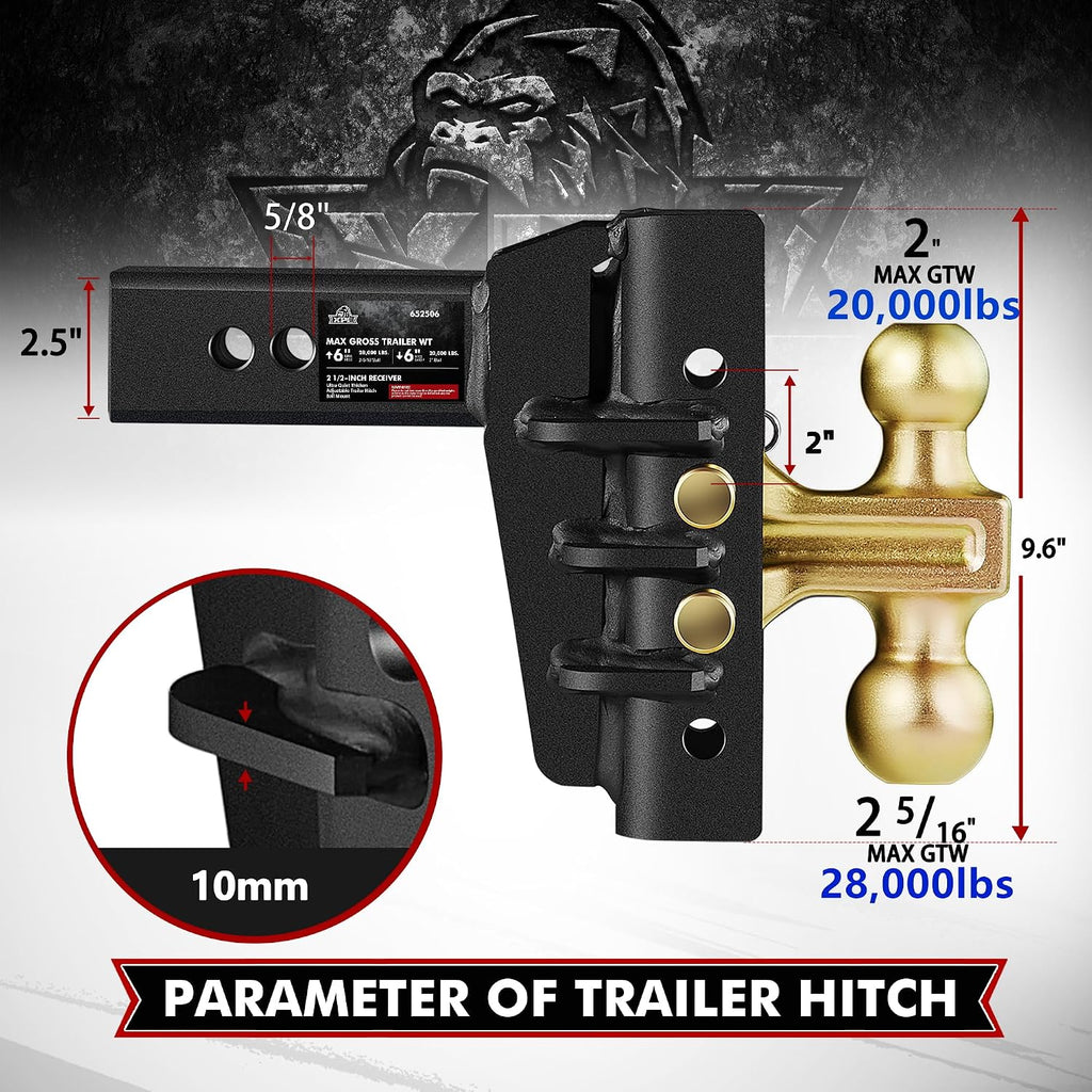 XPE Adjustable Trailer Hitch Fits 2.5-Inch Receiver,6-Inch Drop/Rise,2"&2-5/16" Ball Hitches with 28,000 LBS GTW for Heavy Duty Truck,Solid Ball Mount,BLK,652506-1