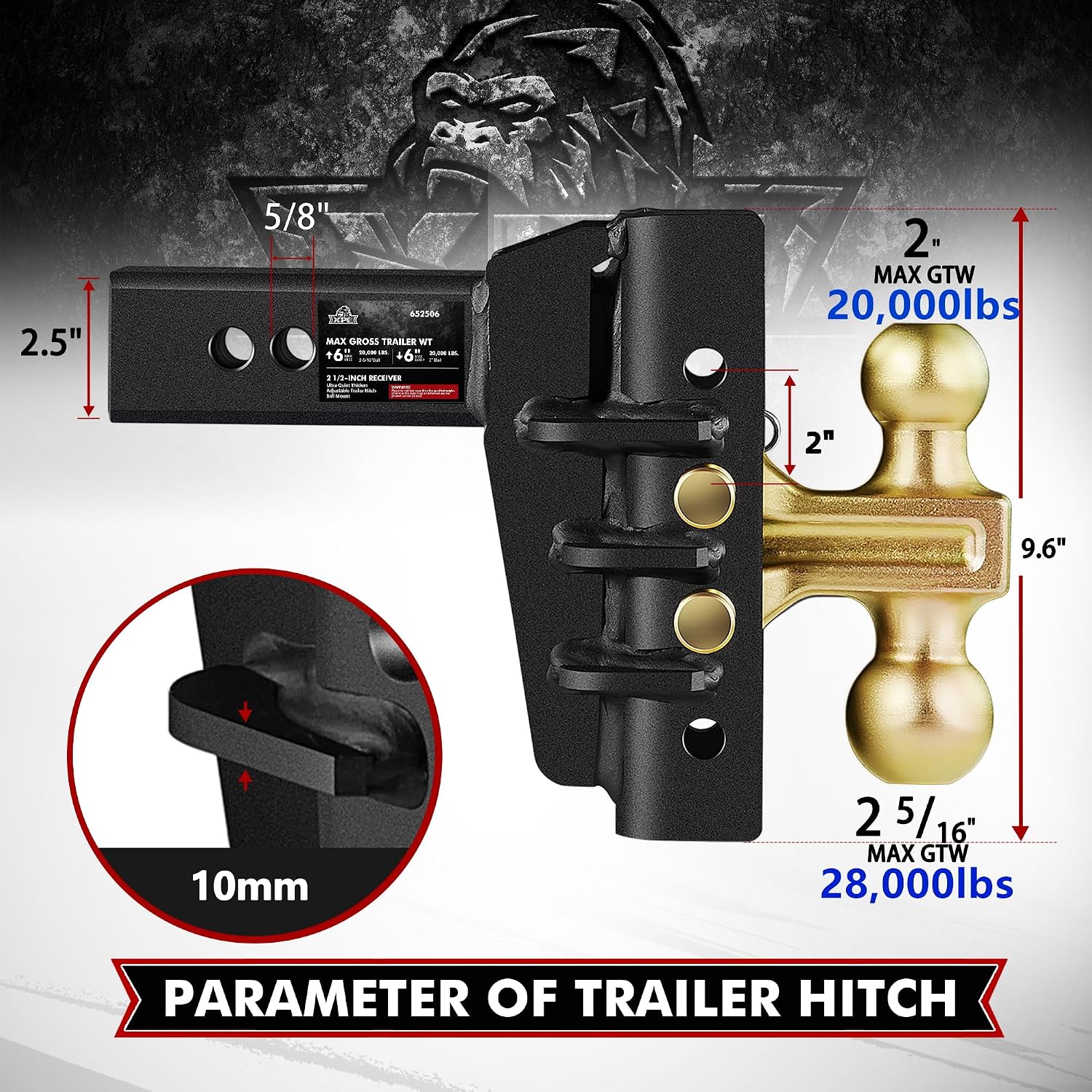 XPE Adjustable Trailer Hitch Fits 2.5-Inch Receiver,6-Inch Drop/Rise,2"&2-5/16" Ball Hitches with 28,000 LBS GTW for Heavy Duty Truck,Solid Ball Mount,BLK,652506-1