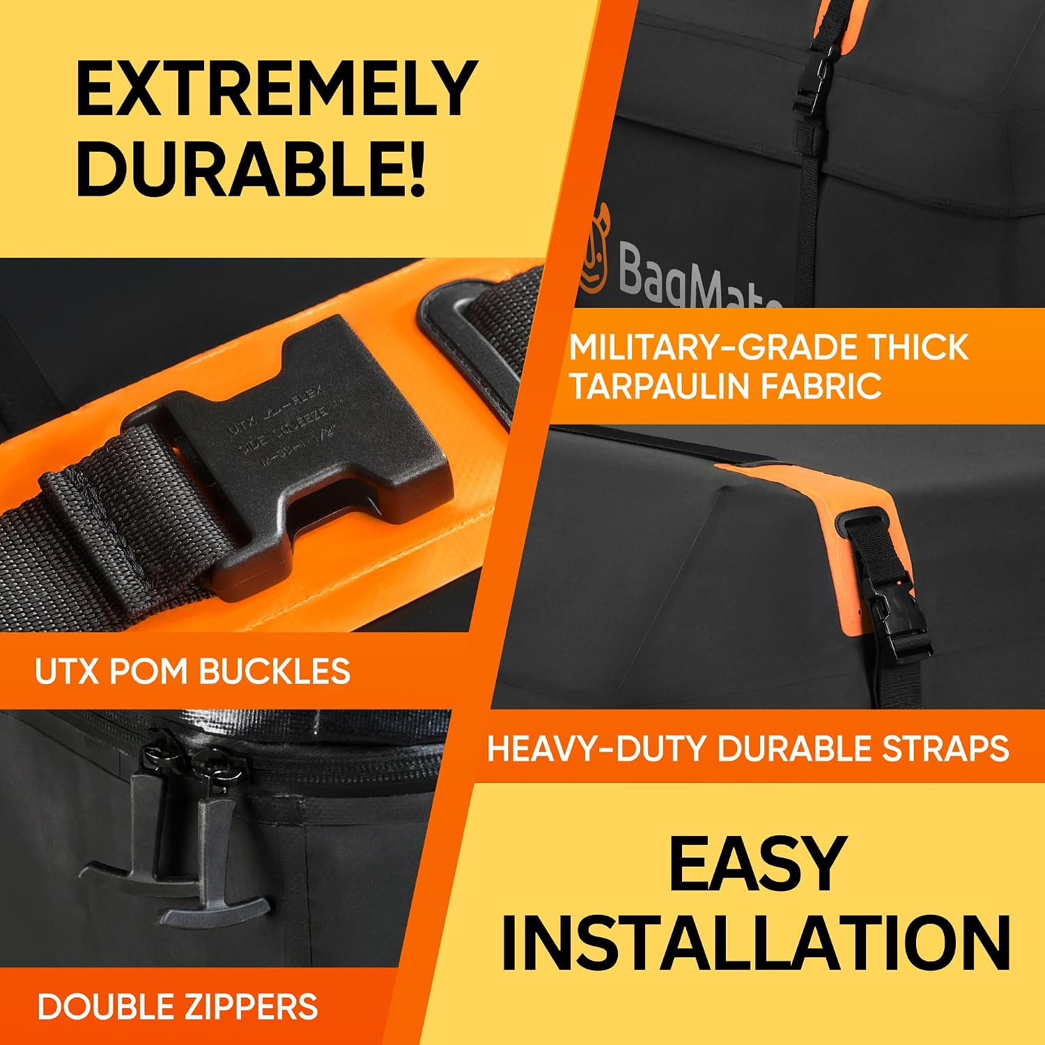 Car Roof Bag - Car Rooftop Cargo Carrier Bag – 19 Cubic Ft Waterproof Roof Rack Cargo Carrier, Includes Anti-Slip Mat, 4 Door Hooks, Reinforced Zipper/Buckle, with or Without Rack