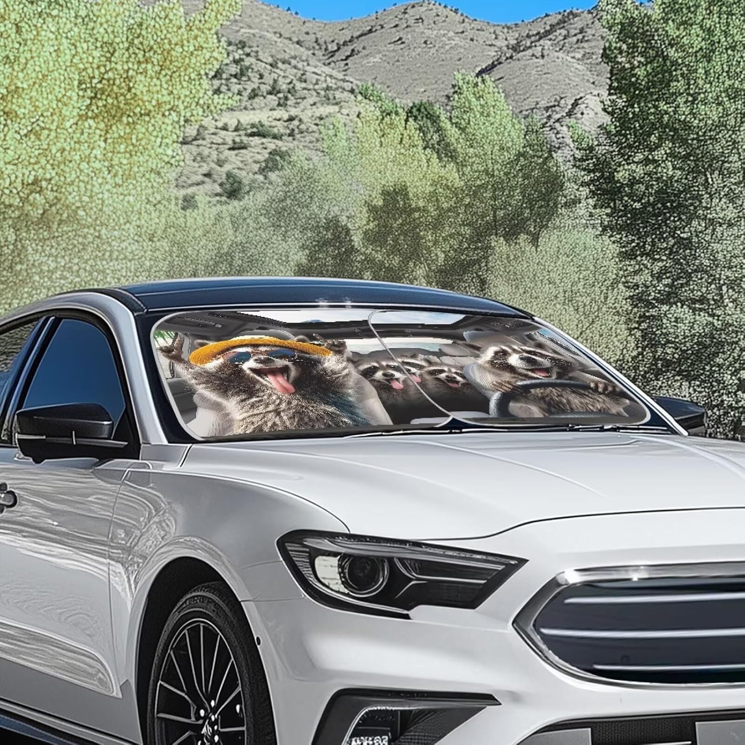 AFPANQZ 3D RaccoonUV Protection Foldable Windshield Washable Sun Shades Universal Fit for Car Auto Sedan Truck SUVs Travel Outdoor Packing 28.5"x25.5"