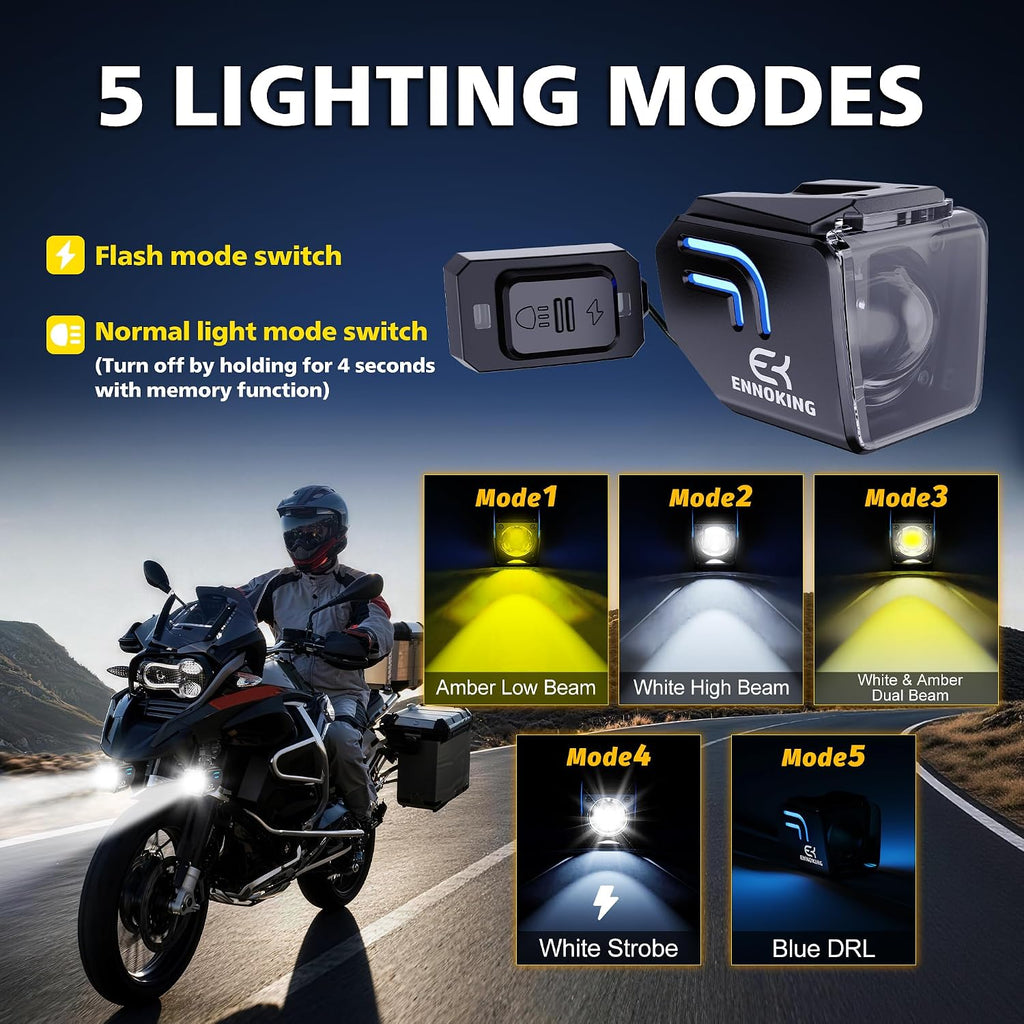 Motorcycle LED Fog Lights 2 Inch White/Amber Dual Color LED Pods Auxiliary 4 Modes Strobe Square Driving Light Spotlights with Blue Backlight for ATV UTV Off-Road Truck Pickup Tractor RV
