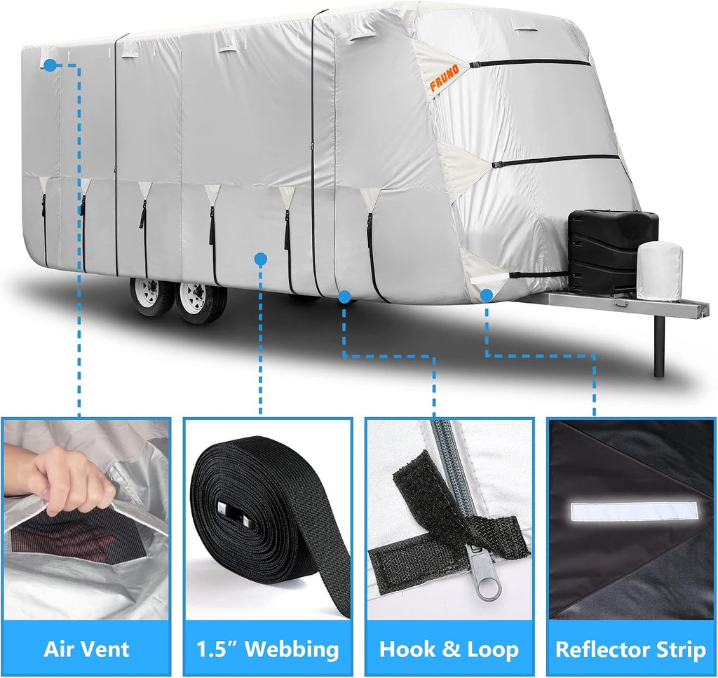 FRUNO Oxford Fabric Travel Trailer Cover RV Cover 27'-30' Waterproof Rip-Resistant Anti-UV Camper Cover for Winter Snow with Jack Cover 4 Tire Covers and Gutter Covers