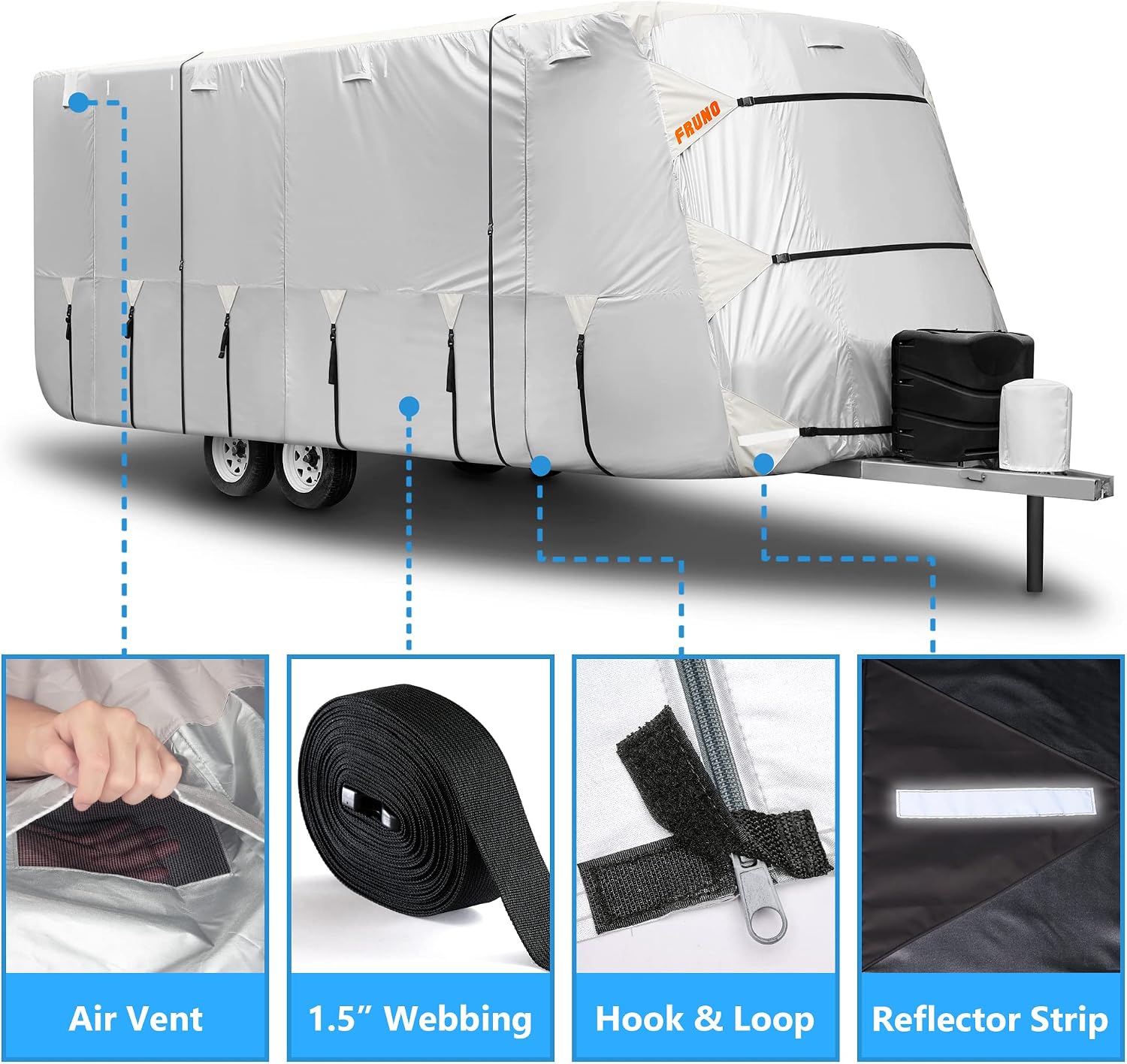 FRUNO Oxford Fabric Travel Trailer Cover RV Cover 27'-30' Waterproof Rip-Resistant Anti-UV Camper Cover for Winter Snow with Jack Cover 4 Tire Covers and Gutter Covers