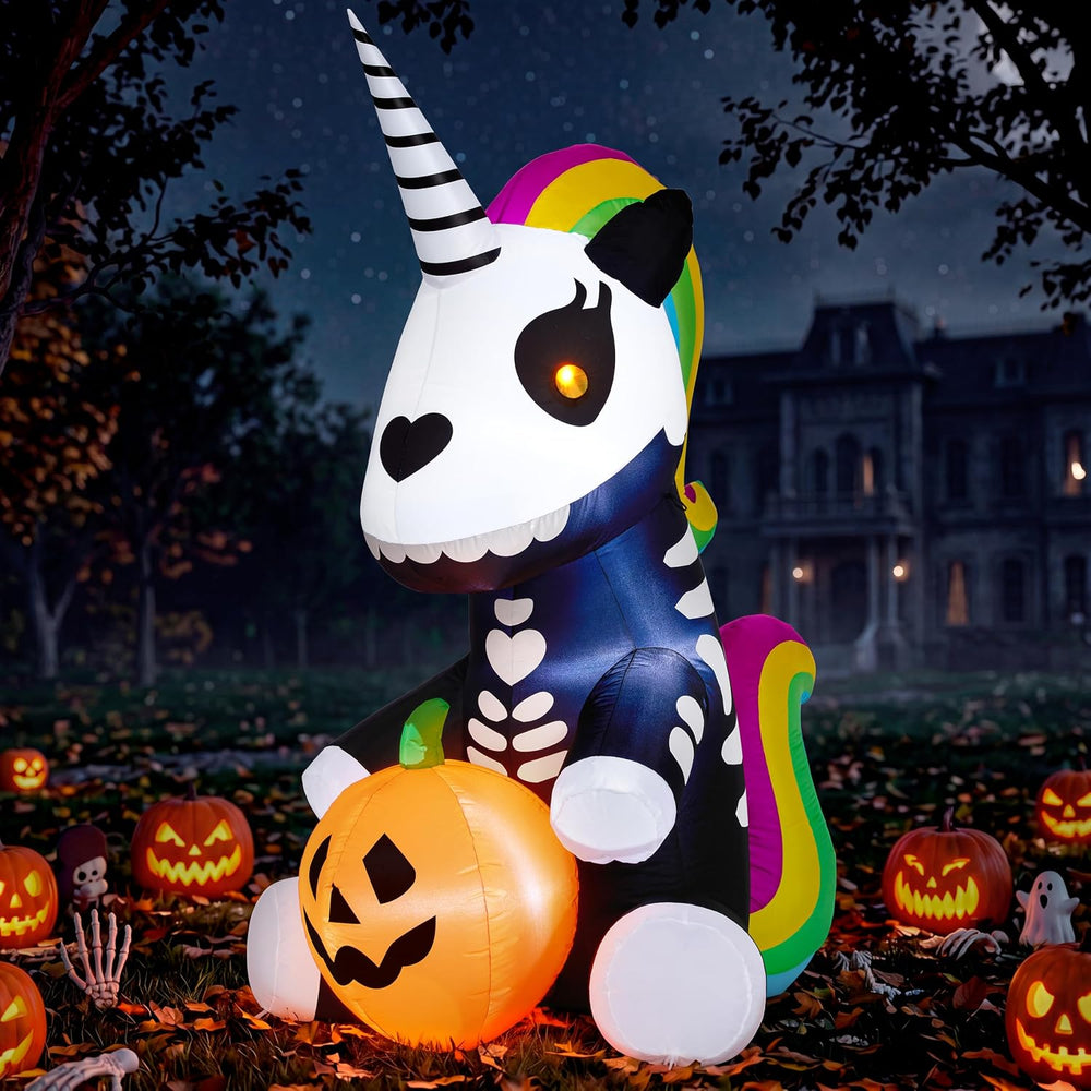 Joiedomi 5 FT Halloween Inflatable Sitting Skeleton Unicorn with LED Lights, ...