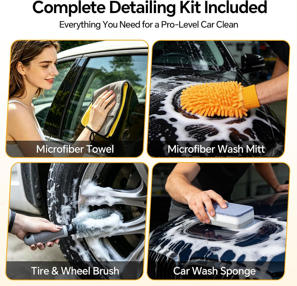 7-in-1 Car Wash Kit with 20L Collapsible Bucket & Brush – Car Wash Mop with Long Handle, 15° Curved Aluminum Pole for SUV Roof, Car Washing Brushes & Cleaning Supplies, RVs-Yellow.